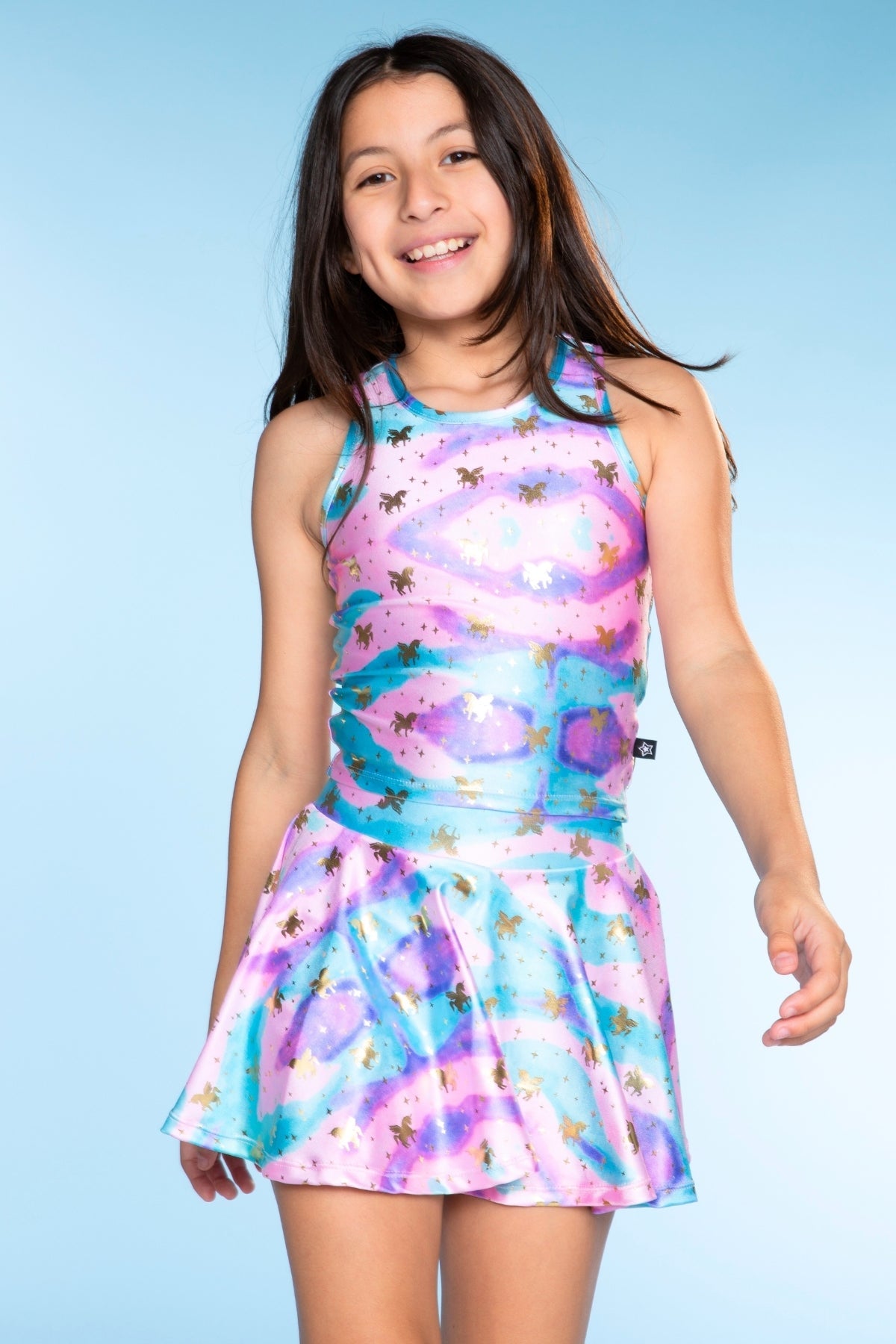High Shine Cropped Racerback Tank & Skort - Rainbow Gold Unicorn Star