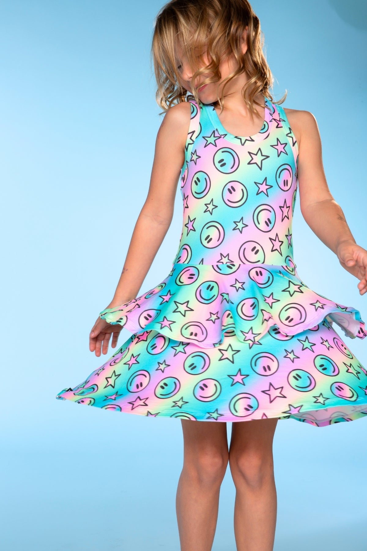 2 Pack Simply Soft Racerback Ruffle Skirt Dress - Pink Bleach Tie Dye | Blue White Emojis Stickers