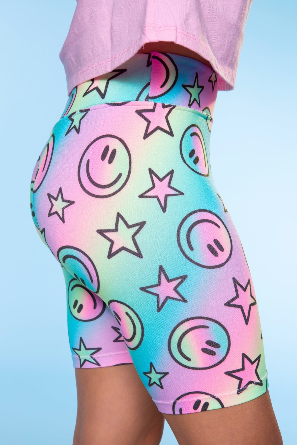 2 Pack Simply Soft Biker Short - Pastel Rainbow Tie Dye Emoji | Rainbow Smile & Stars - NEW!