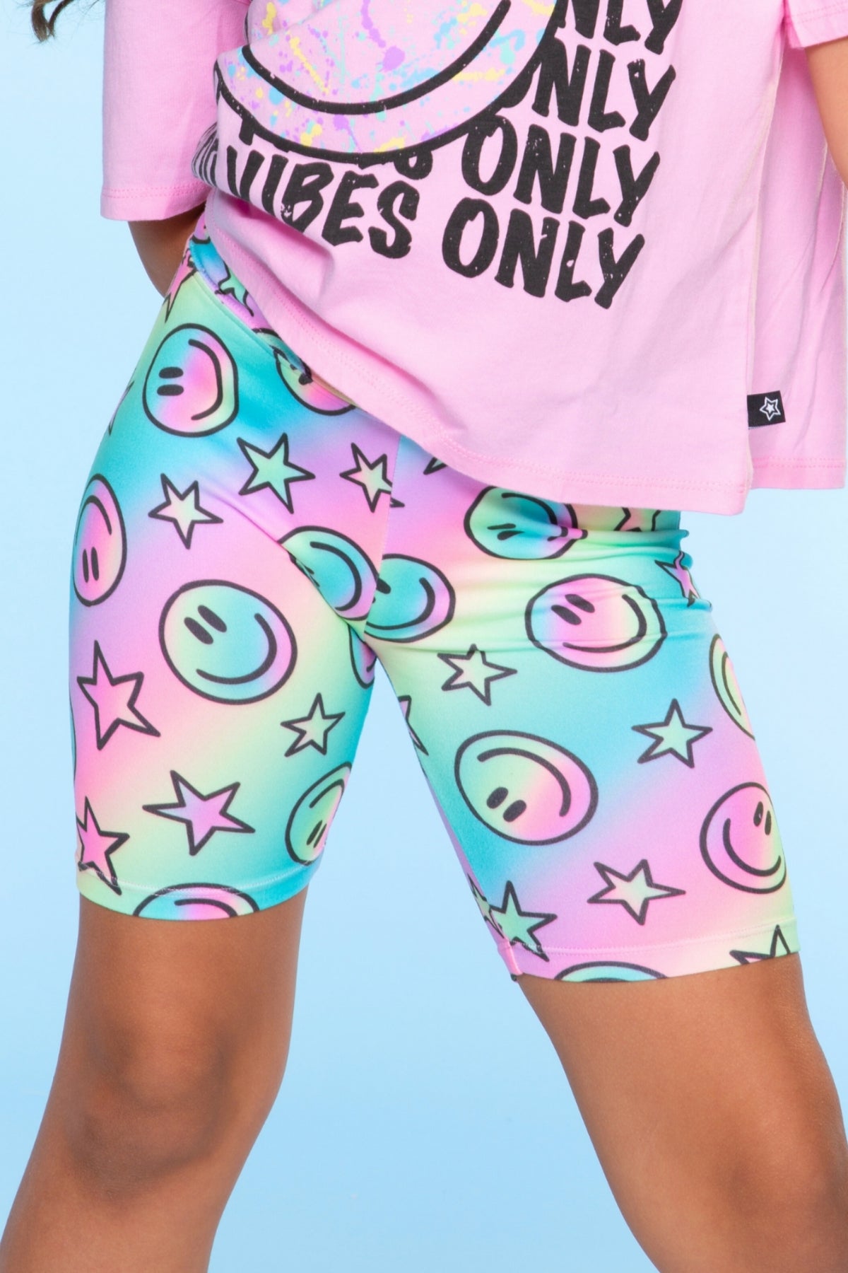 2 Pack Simply Soft Biker Short - Pastel Rainbow Tie Dye Emoji | Rainbow Smile & Stars - NEW!