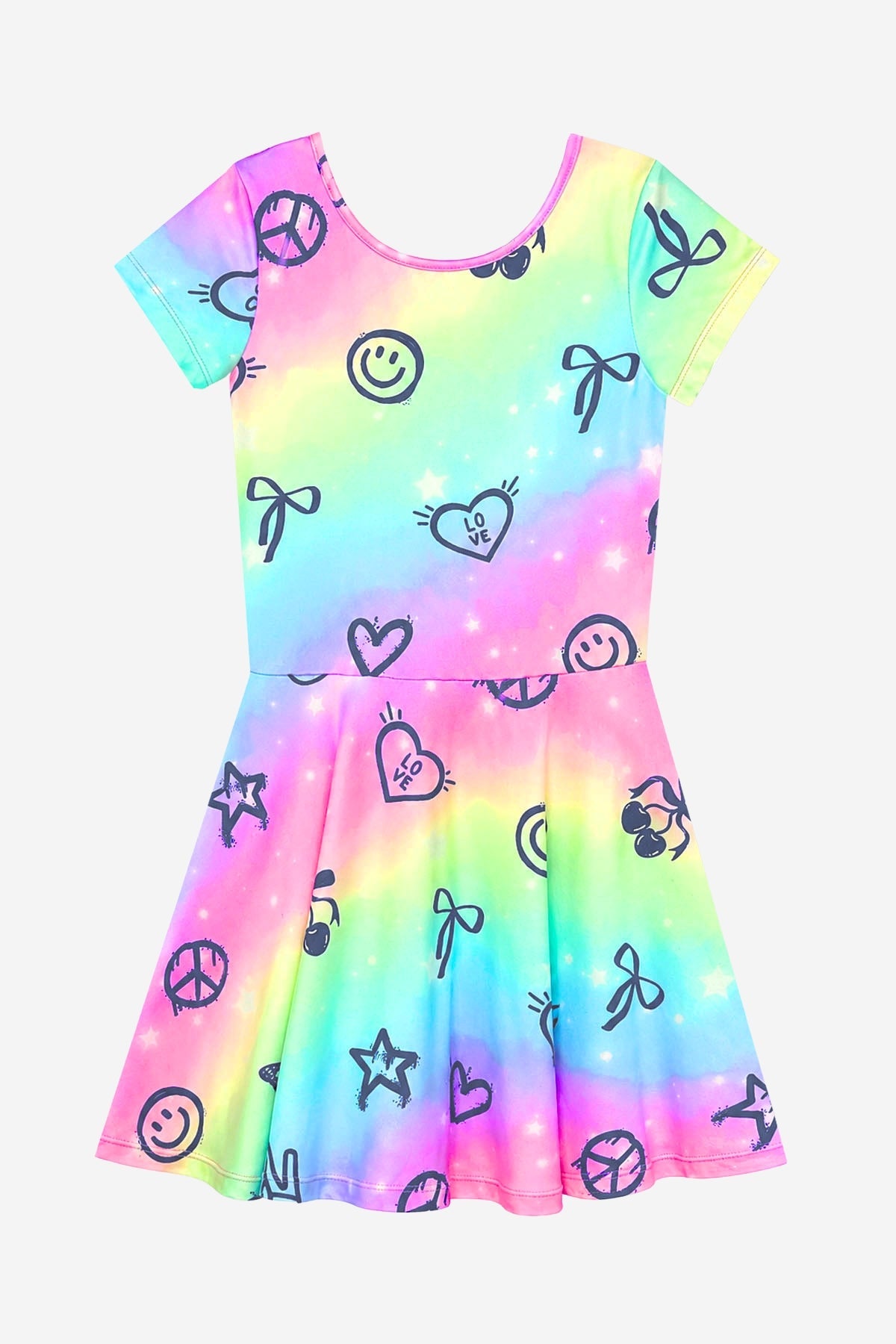 Simply Soft Short Sleeve Skater Dress - Denim Rainbow Graffiti