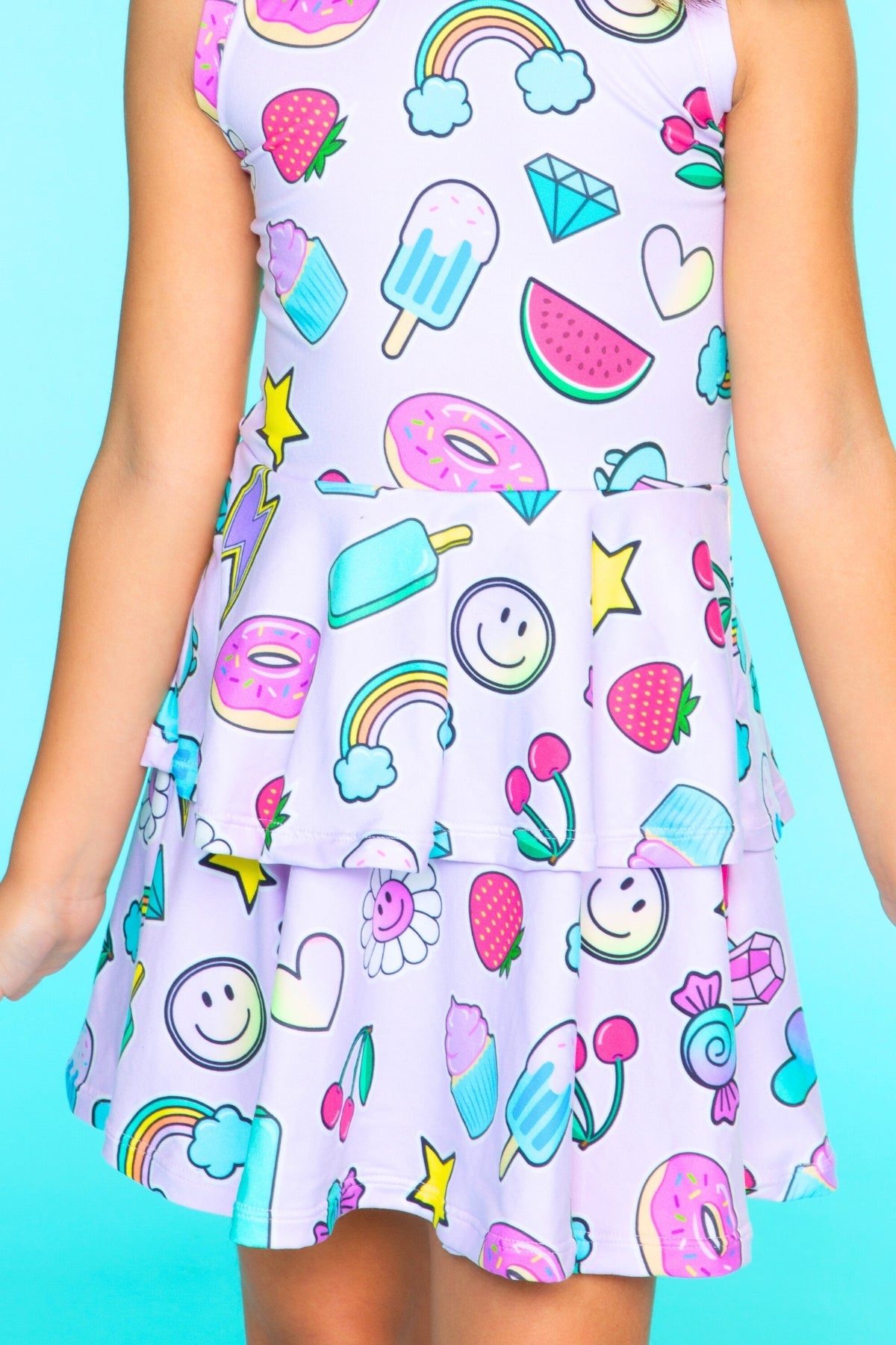 Simply Soft Racerback Ruffle Skirt Dress - Blue White Emojis Stickers