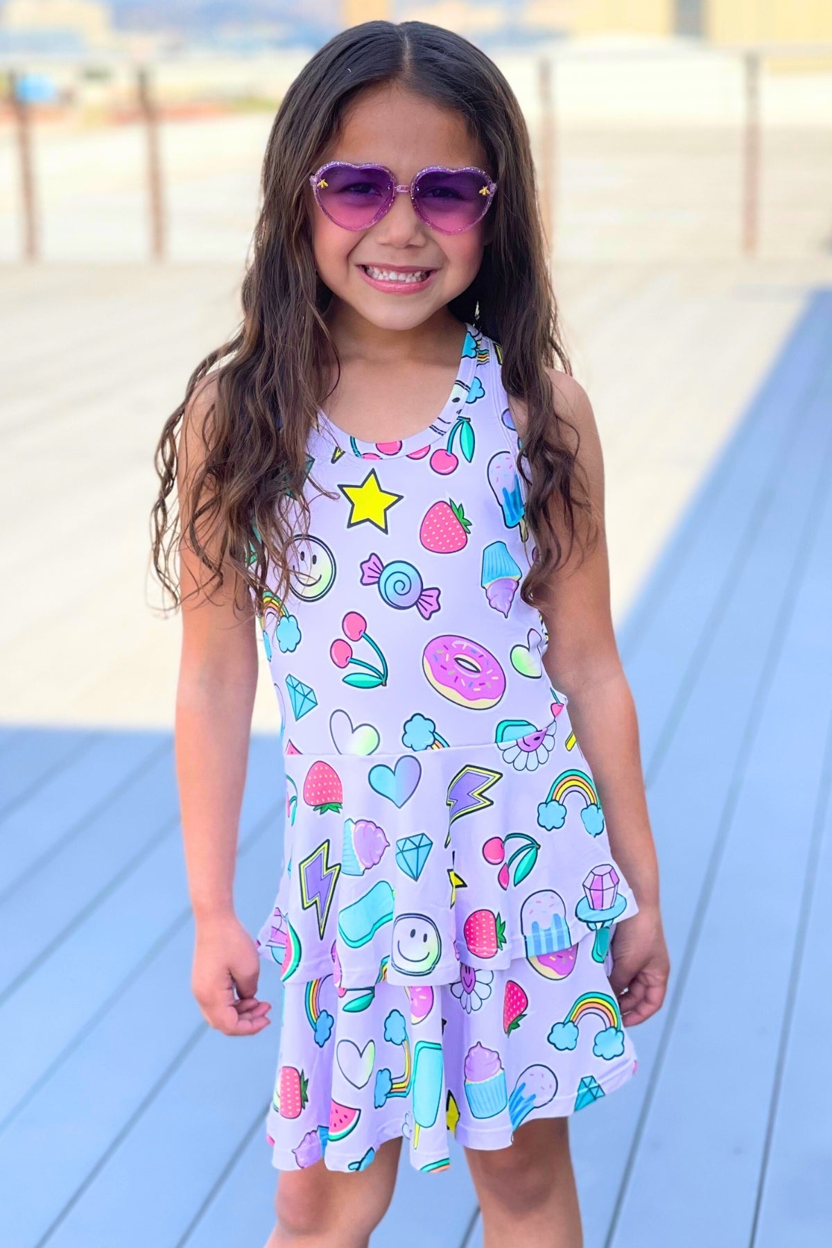 Simply Soft Racerback Ruffle Skirt Dress - Blue White Emojis Stickers
