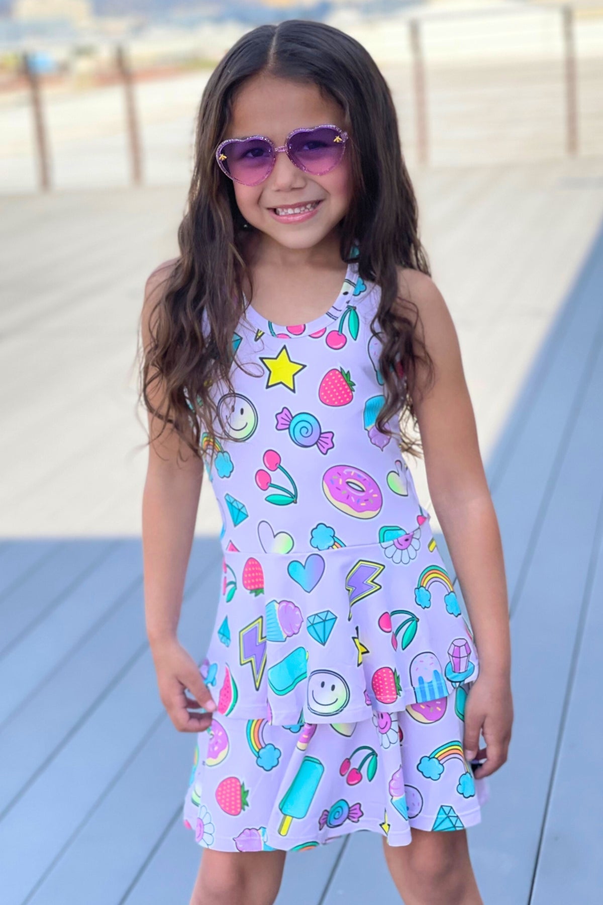Simply Soft Racerback Ruffle Skirt Dress - Blue White Emojis Stickers