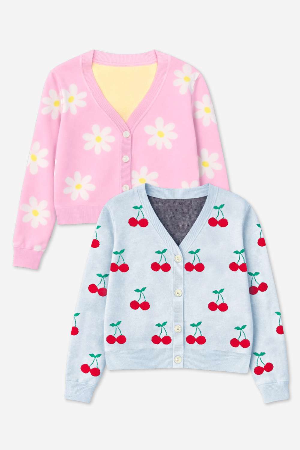 2-Pack Yummy Soft Cardigan Sweater - Lt Blue Red Cherry | Lt Pink White Daisy