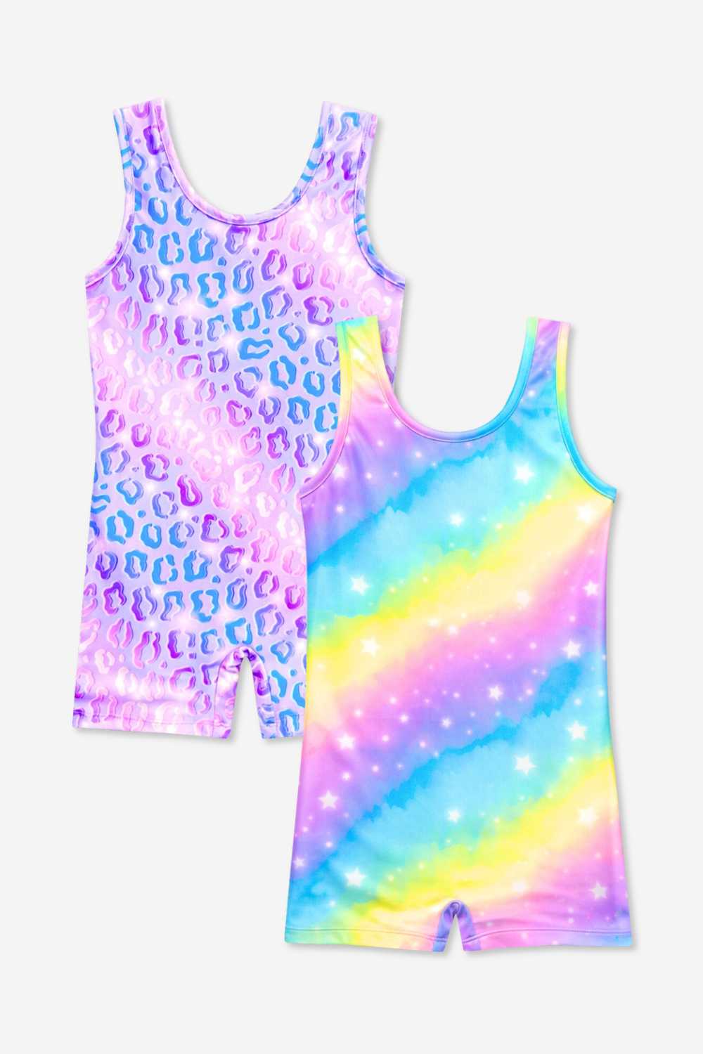 2 Pack High Shine Unitard Leotard - Rainbow Stars | Lilac Leopard