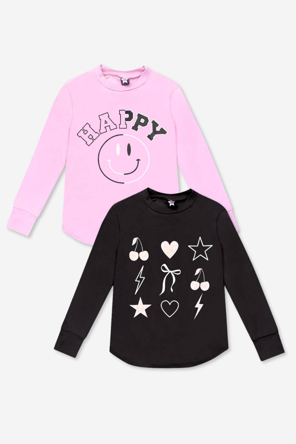 2-Pack Modal Long Sleeve Shirttail Top - Black Rainbow Peace Love | Ice Grey Star Bolt