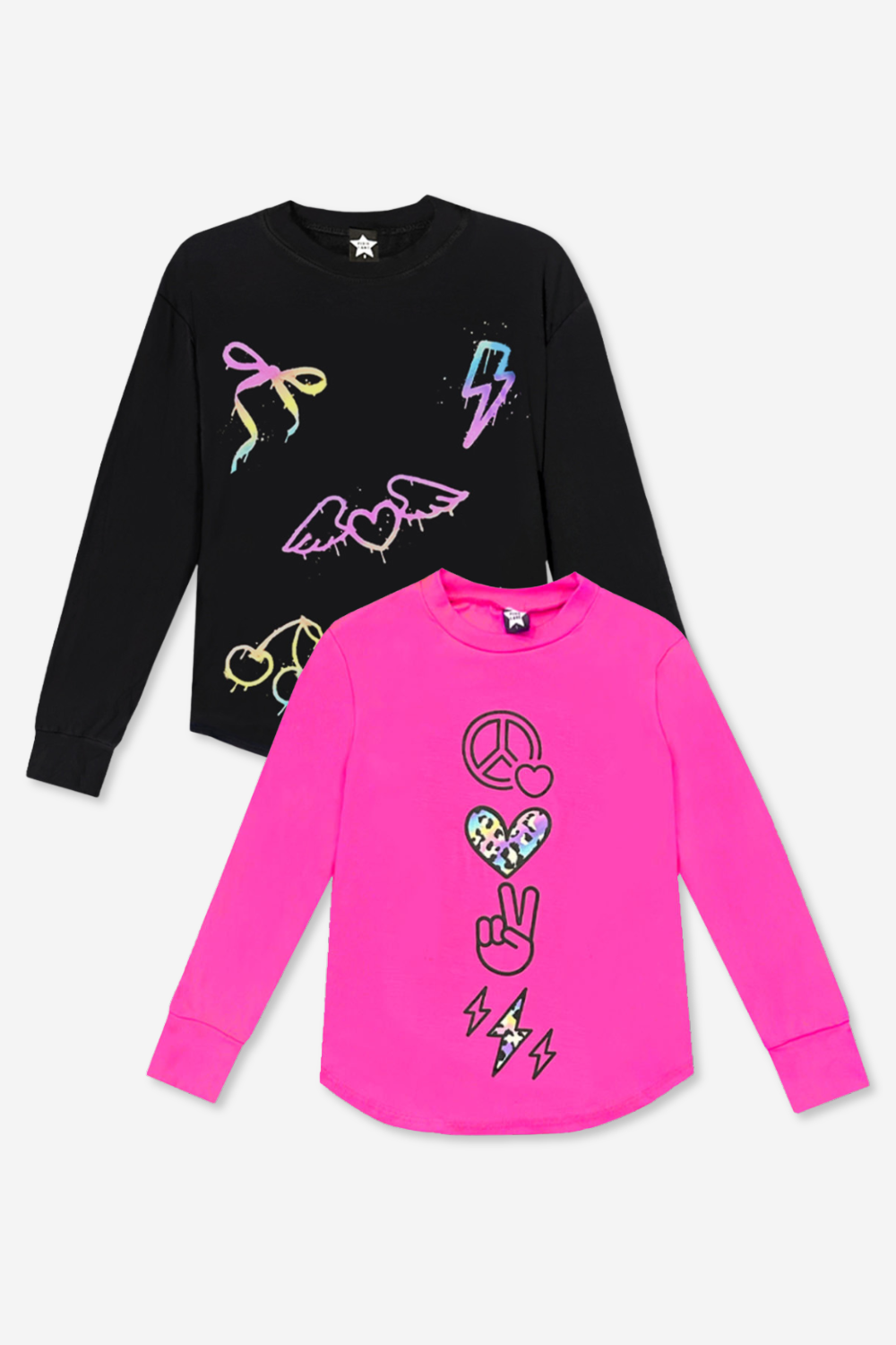 2-Pack Modal Long Sleeve Shirttail Top - Black Rainbow Peace Love | Ice Grey Star Bolt