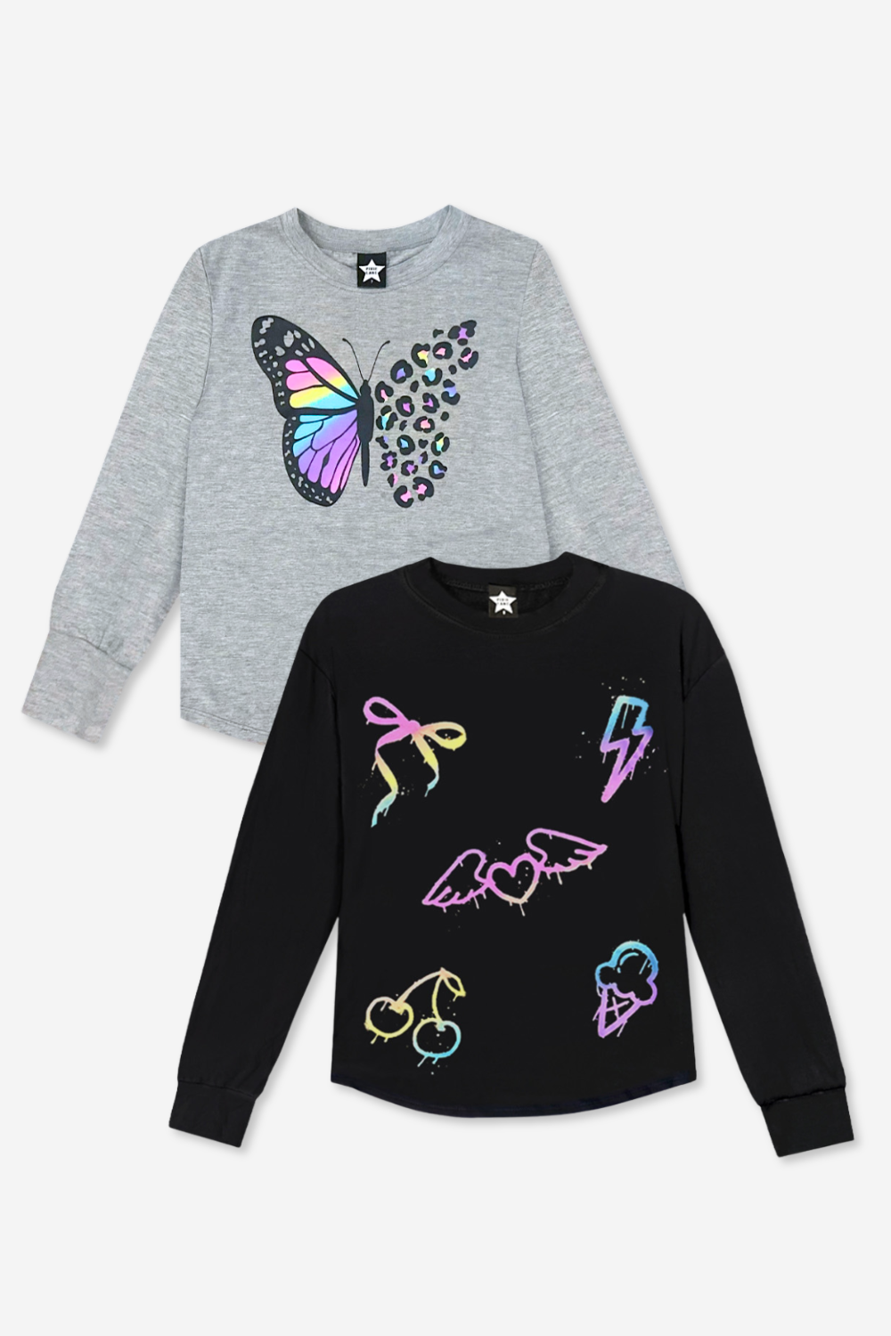 2-Pack Modal Long Sleeve Shirttail Top - Black Rainbow Peace Love | Ice Grey Star Bolt