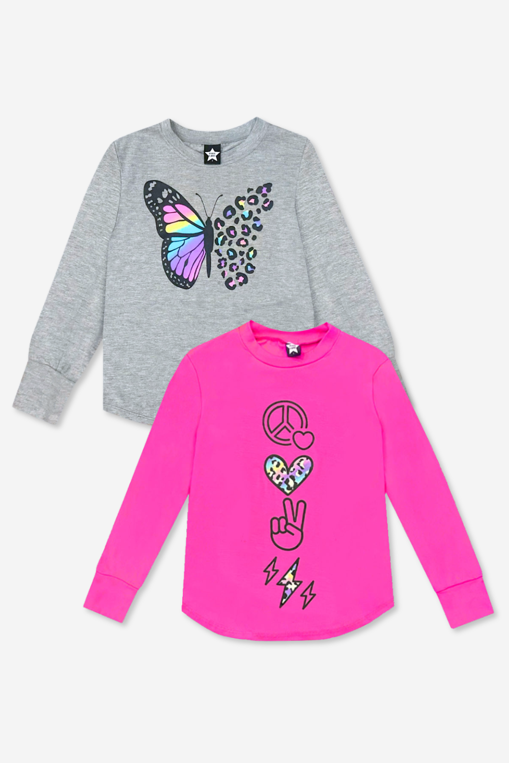 2-Pack Modal Long Sleeve Shirttail Top - Black Rainbow Peace Love | Ice Grey Star Bolt