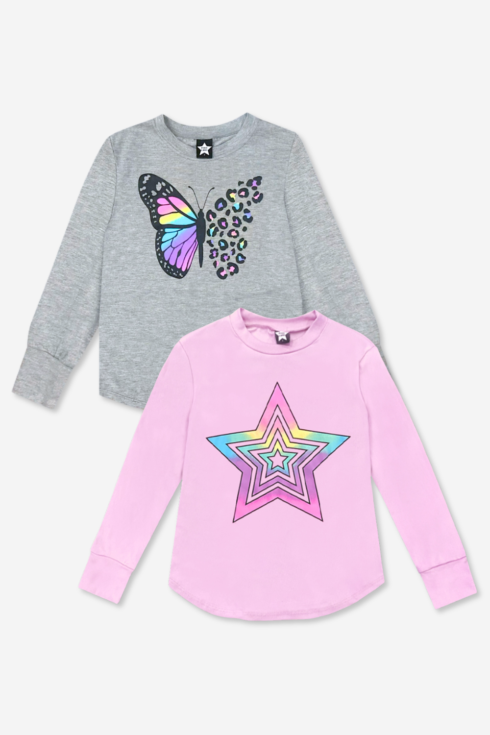 2-Pack Modal Long Sleeve Shirttail Top - Black Rainbow Peace Love | Ice Grey Star Bolt