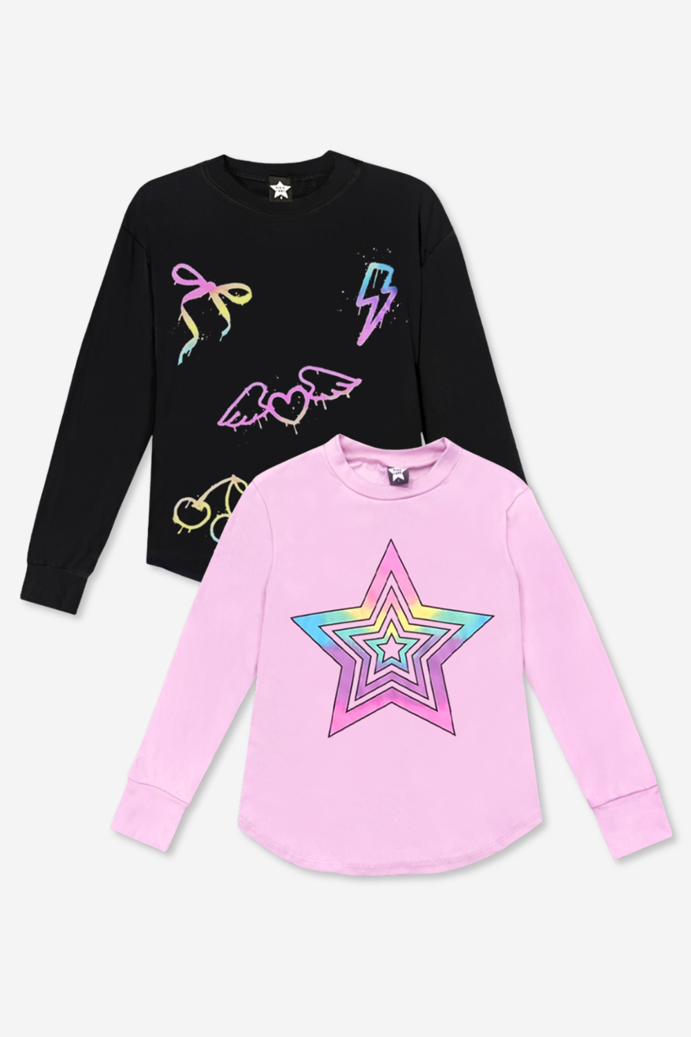 2-Pack Modal Long Sleeve Shirttail Top - Black Rainbow Peace Love | Ice Grey Star Bolt