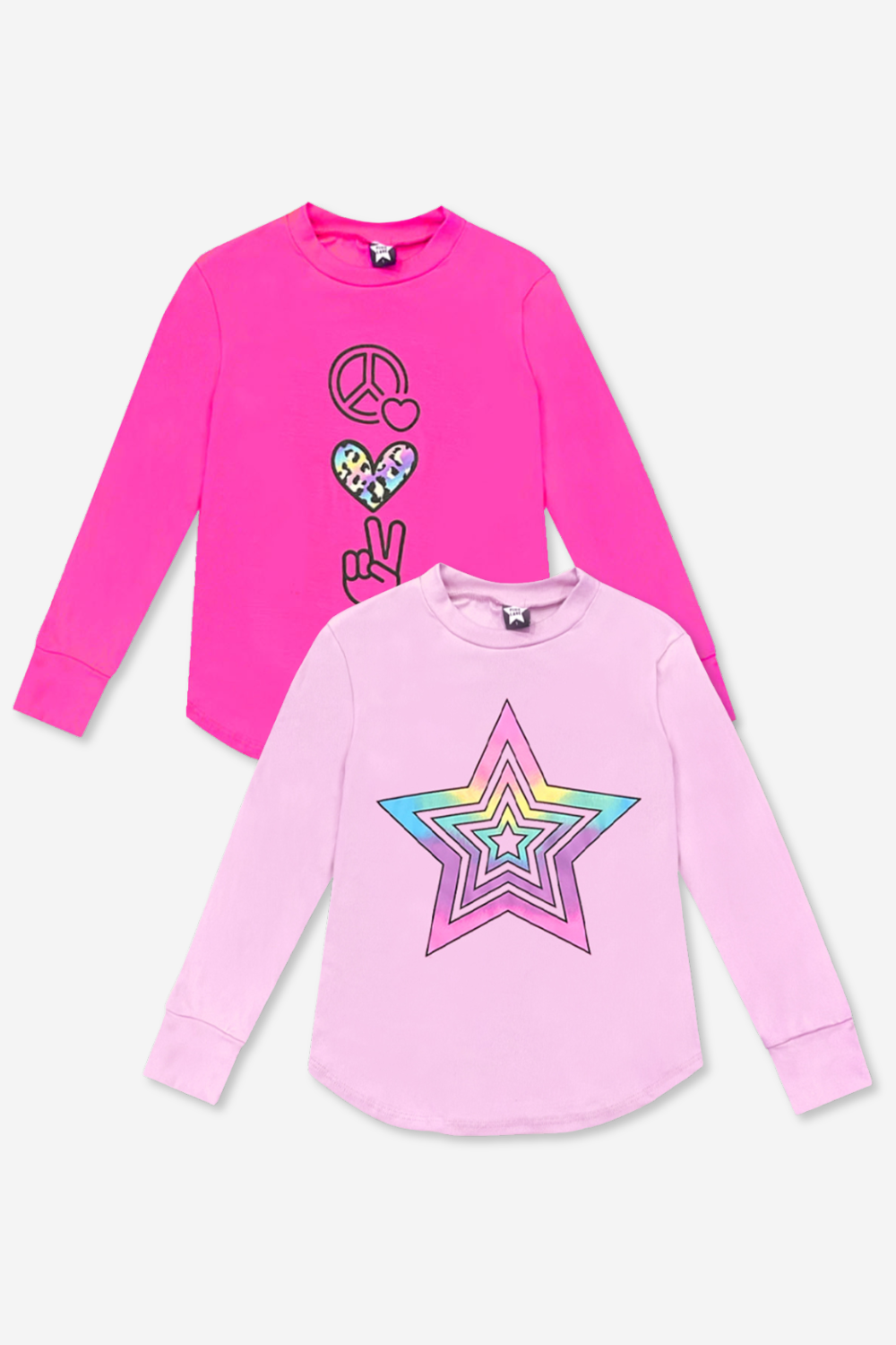 2-Pack Modal Long Sleeve Shirttail Top - Black Rainbow Peace Love | Ice Grey Star Bolt