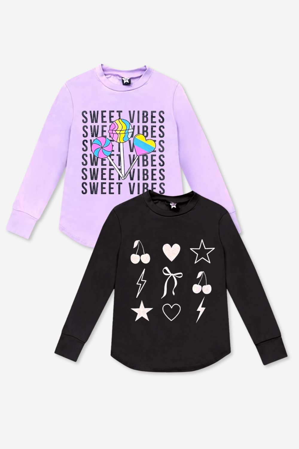 2-Pack Modal Long Sleeve Shirttail Top - Black Rainbow Peace Love | Ice Grey Star Bolt