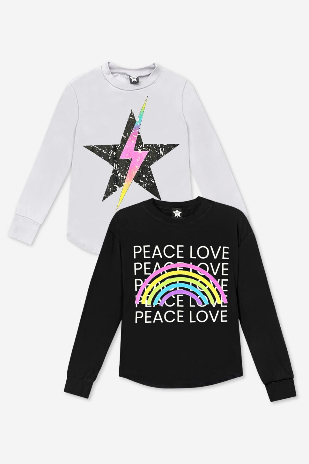2-Pack Modal Long Sleeve Shirttail Top - Black Rainbow Peace Love | Ice Grey Star Bolt