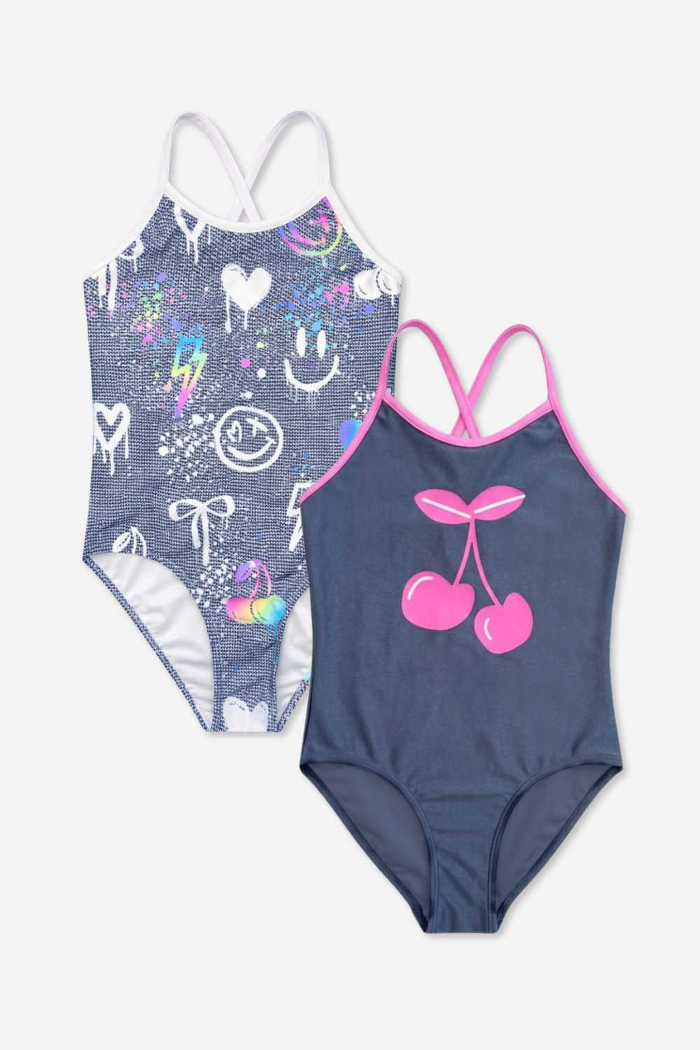 2 Pack - Strappy One Piece Swimsuit - Vintage Denim Graffiti Elements | Pink Bleach Tie Dye