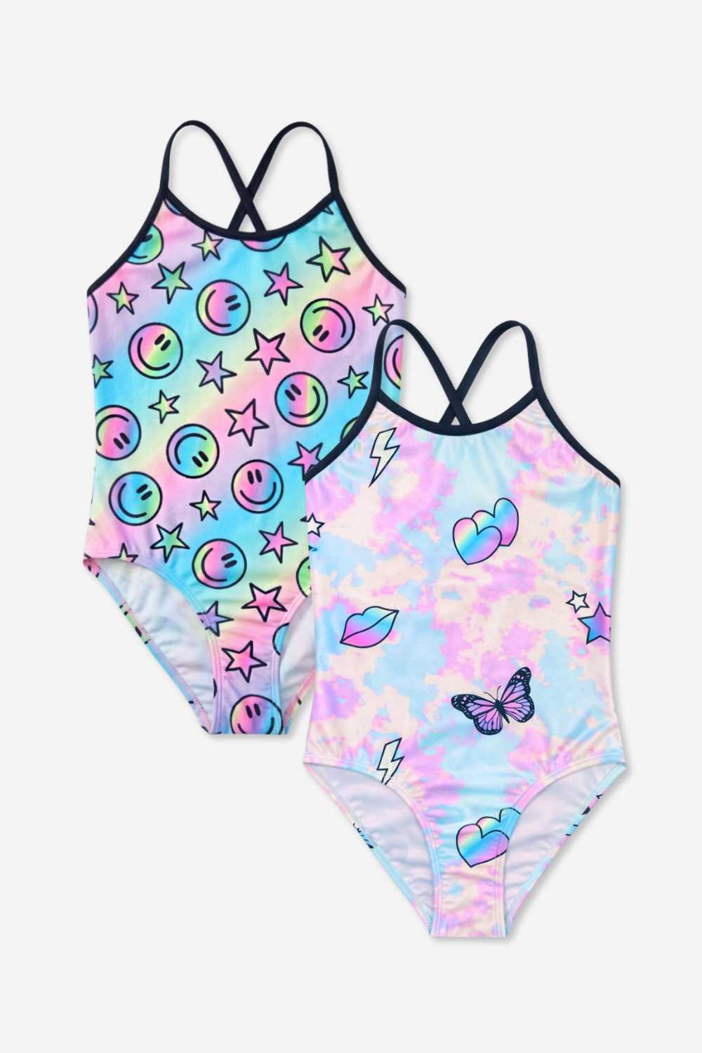 2 Pack - Strappy One Piece Swimsuit - Vintage Denim Graffiti Elements | Pink Bleach Tie Dye
