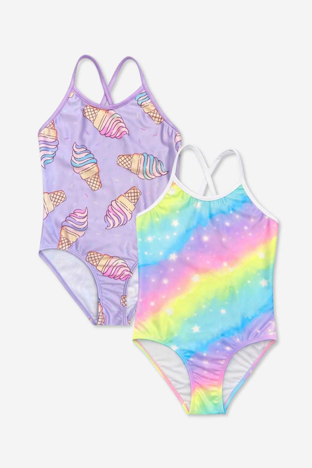 2 Pack - Strappy One Piece Swimsuit - Vintage Denim Graffiti Elements | Pink Bleach Tie Dye
