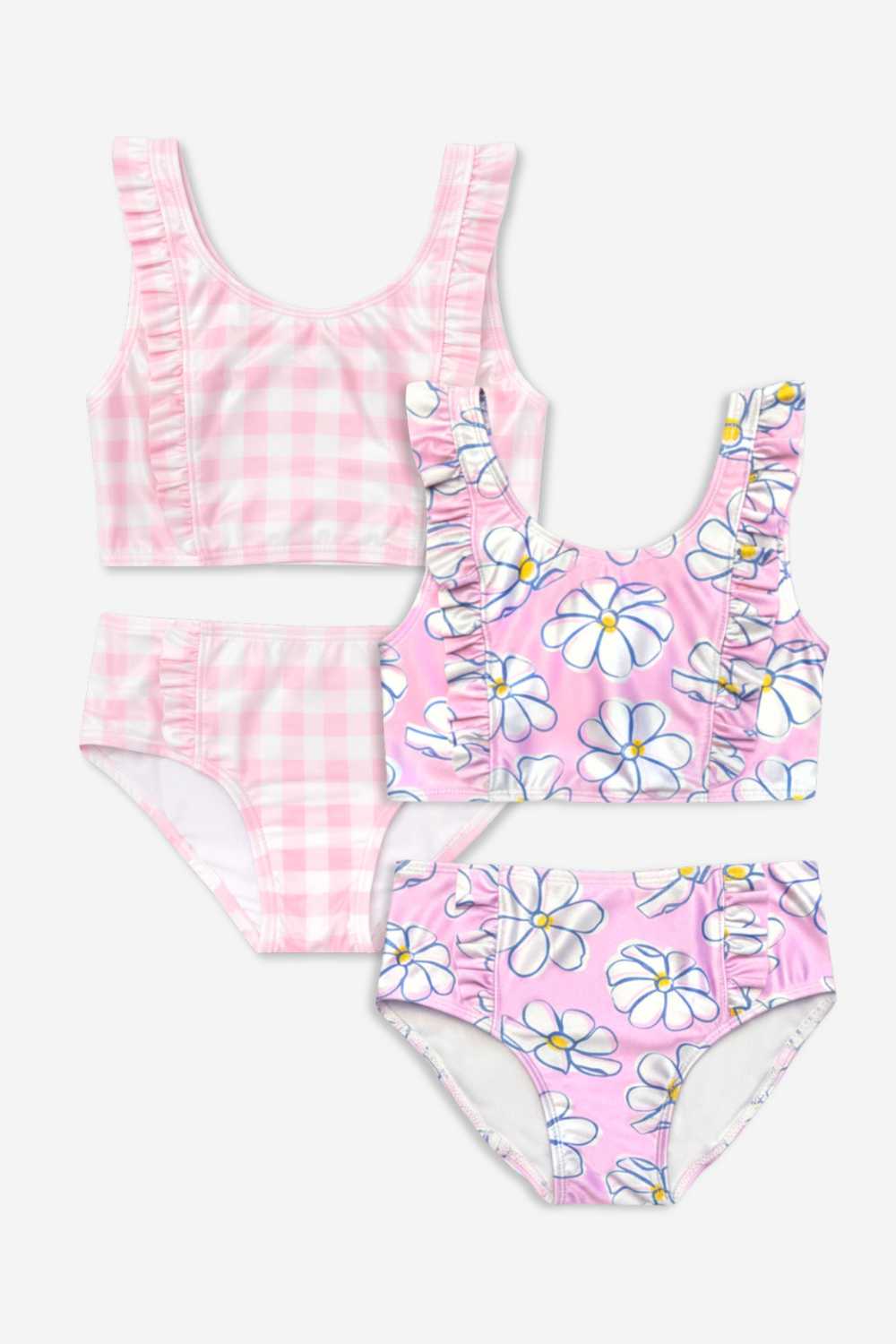 2 Pack Ruffle Two Piece Swimsuit - Strawberry Leopard | Pink Blue Watercolor Rose