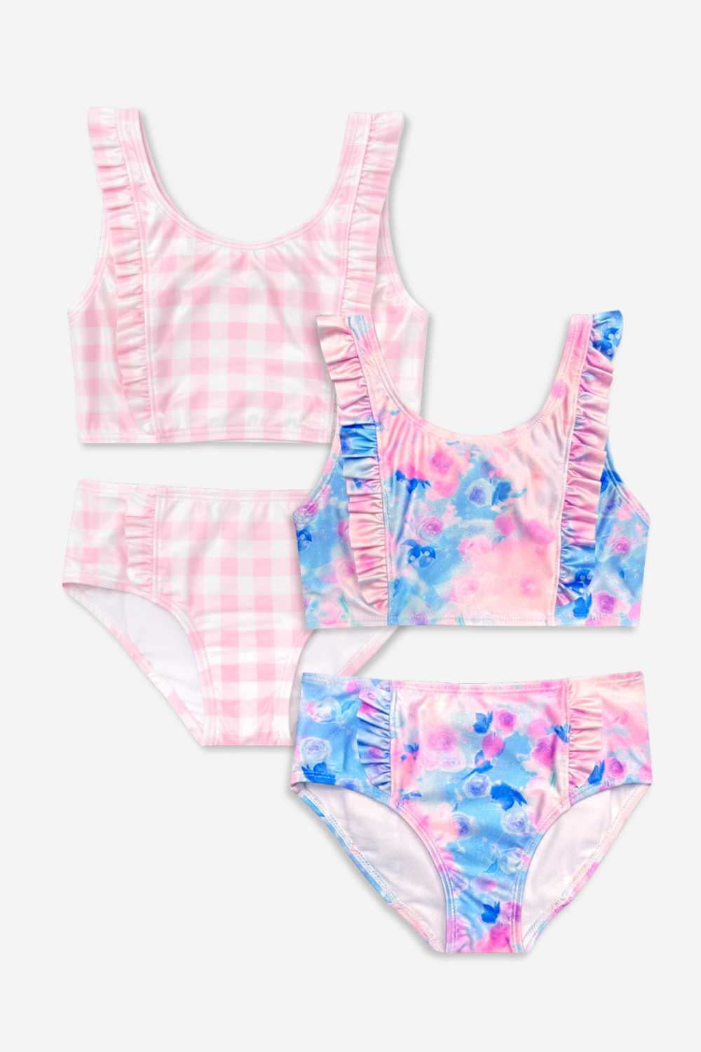 2 Pack Ruffle Two Piece Swimsuit - Strawberry Leopard | Pink Blue Watercolor Rose