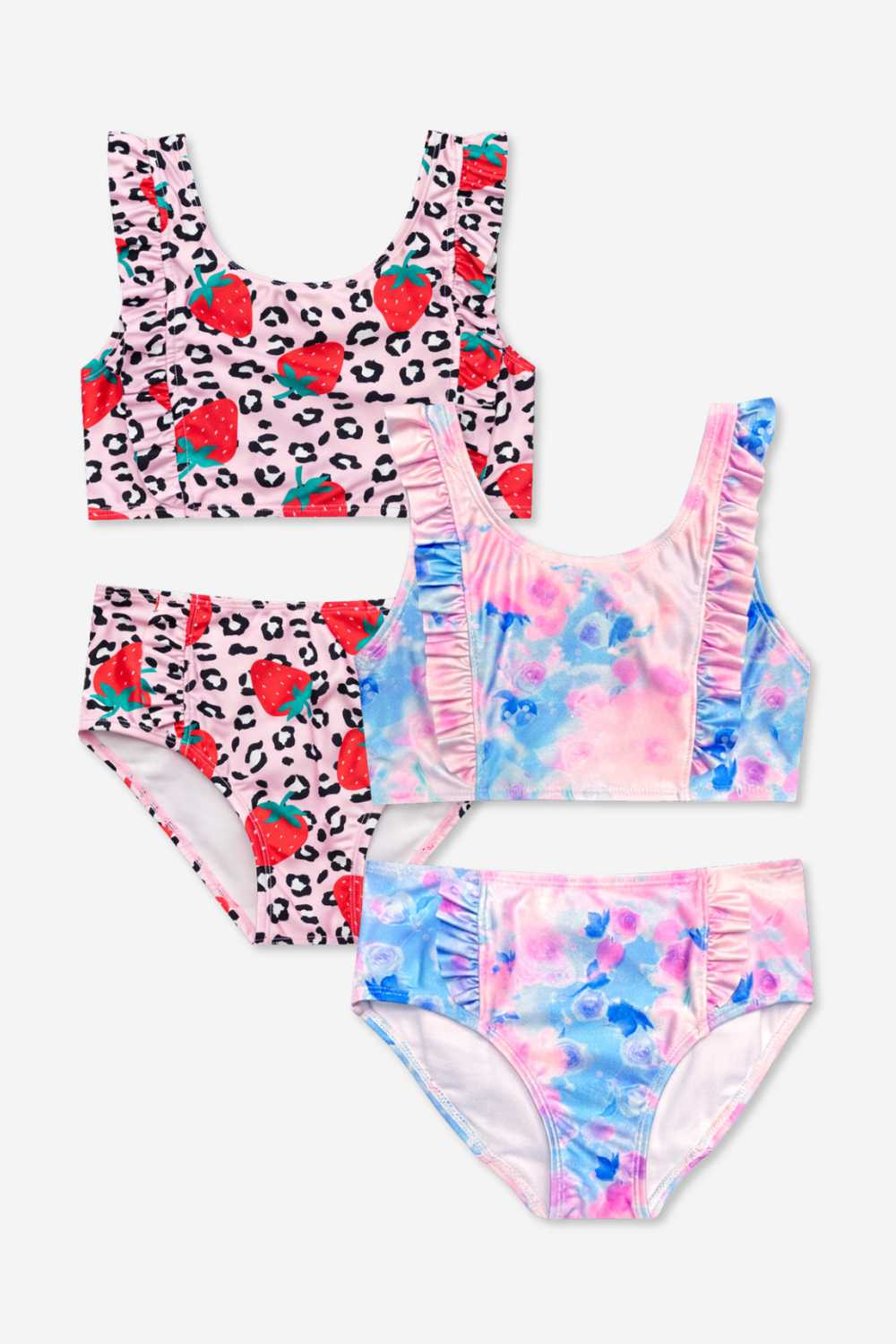 2 Pack Ruffle Two Piece Swimsuit - Strawberry Leopard | Pink Blue Watercolor Rose