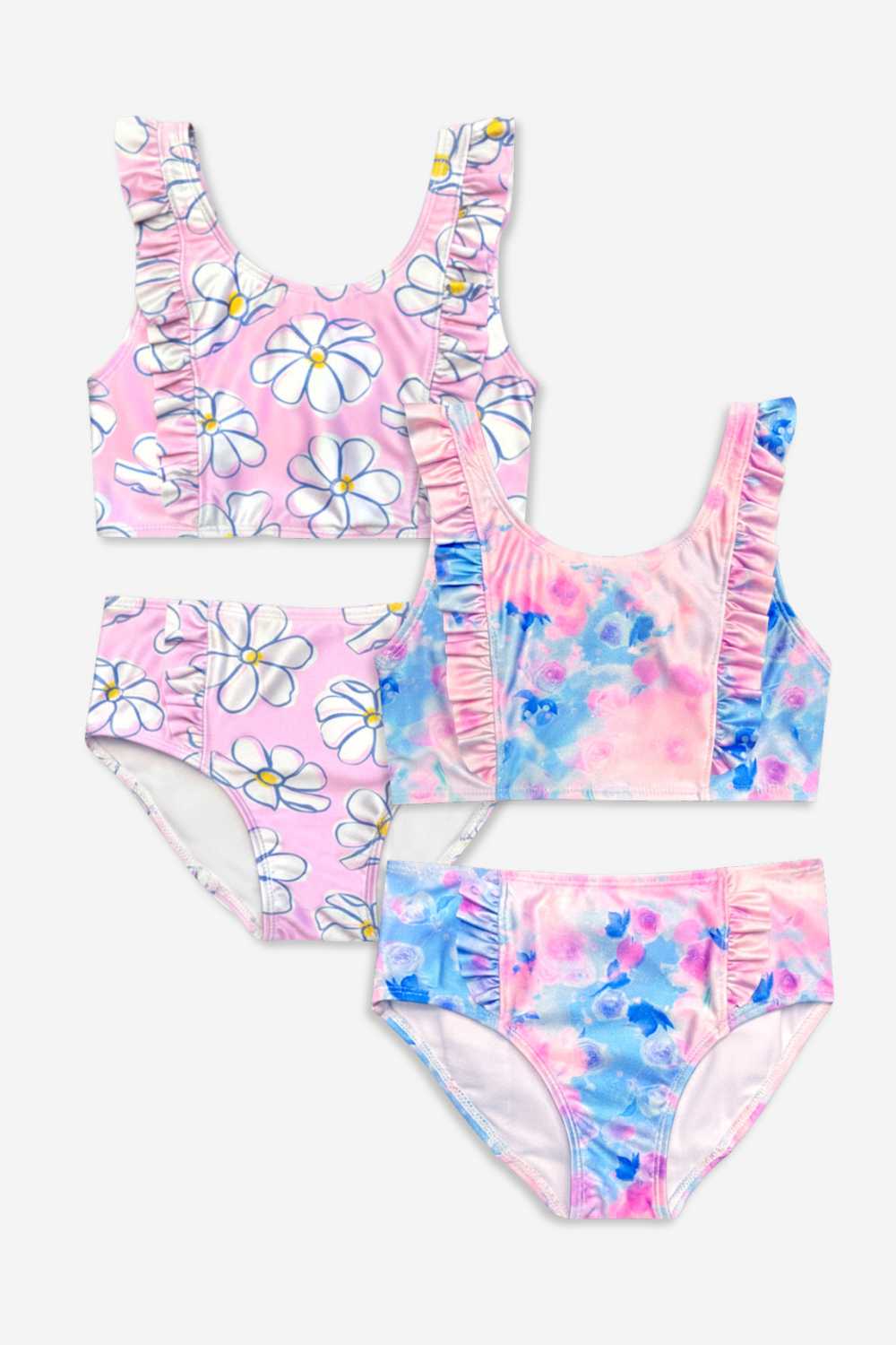 2 Pack Ruffle Two Piece Swimsuit - Strawberry Leopard | Pink Blue Watercolor Rose