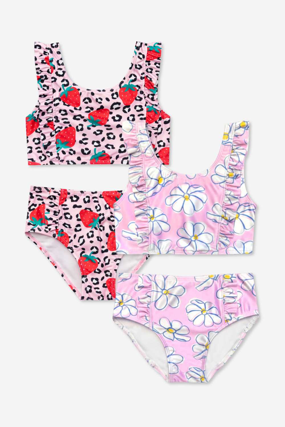 2 Pack Ruffle Two Piece Swimsuit - Strawberry Leopard | Pink Blue Watercolor Rose