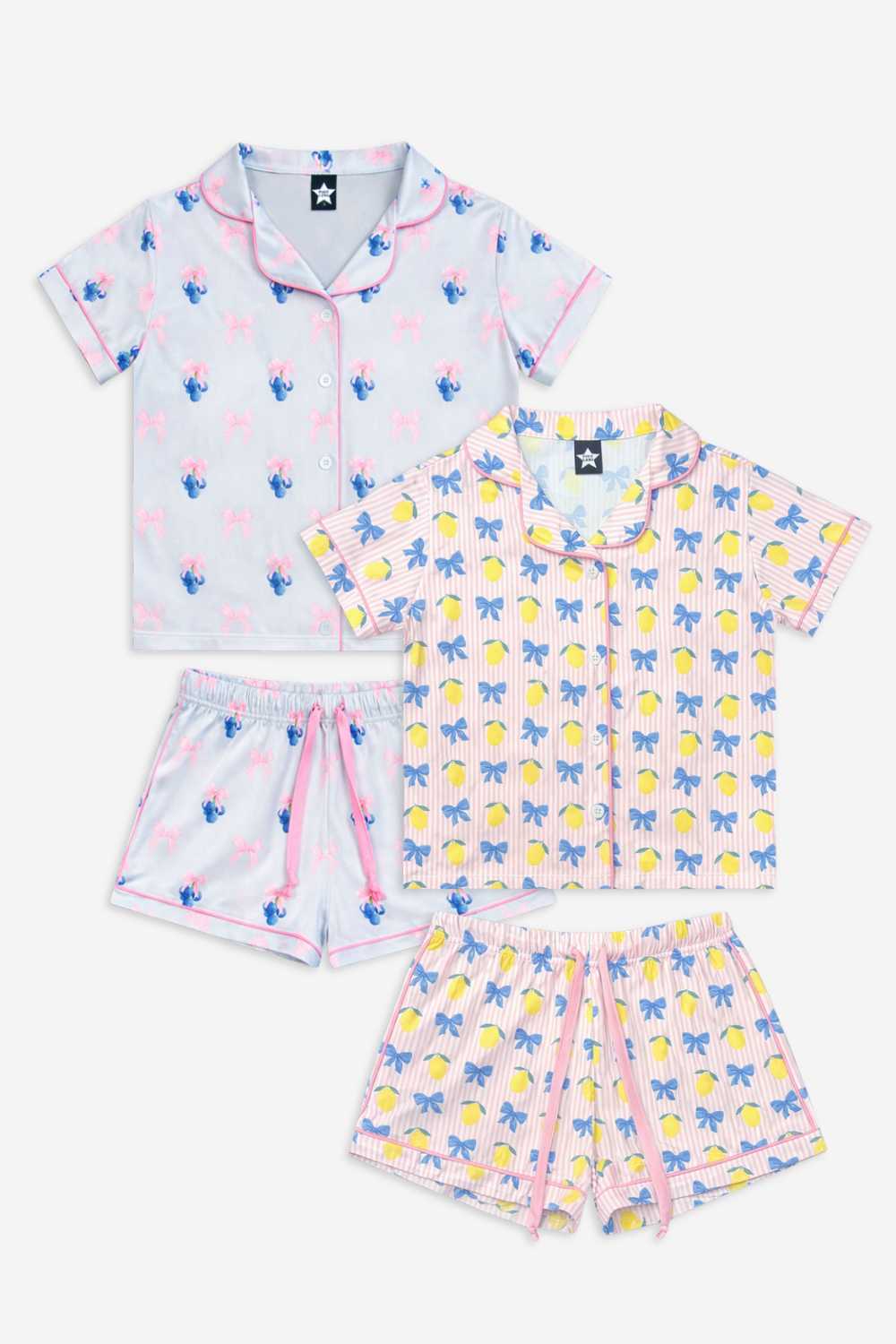 2 Pack - Short Sleeve Simply Soft Button Down Top & Short - Pink Ivory Striped Strawberry | Ivory Pink Stripe Bear Bow