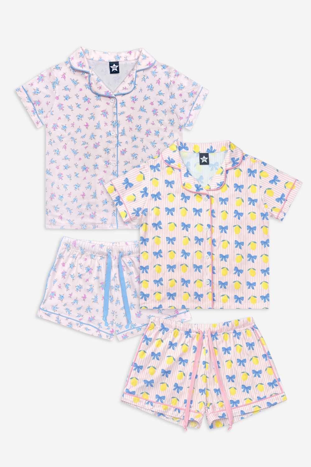 2 Pack - Short Sleeve Simply Soft Button Down Top & Short - Pink Ivory Striped Strawberry | Ivory Pink Stripe Bear Bow
