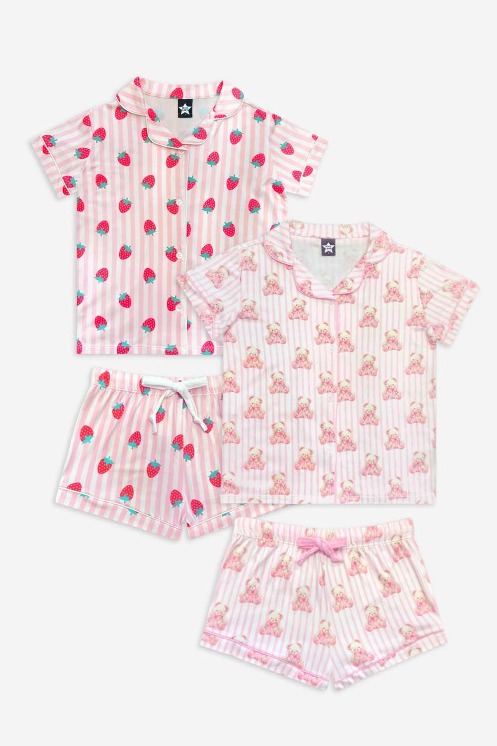 2 Pack - Short Sleeve Simply Soft Button Down Top & Short - Pink Ivory Striped Strawberry | Ivory Pink Stripe Bear Bow