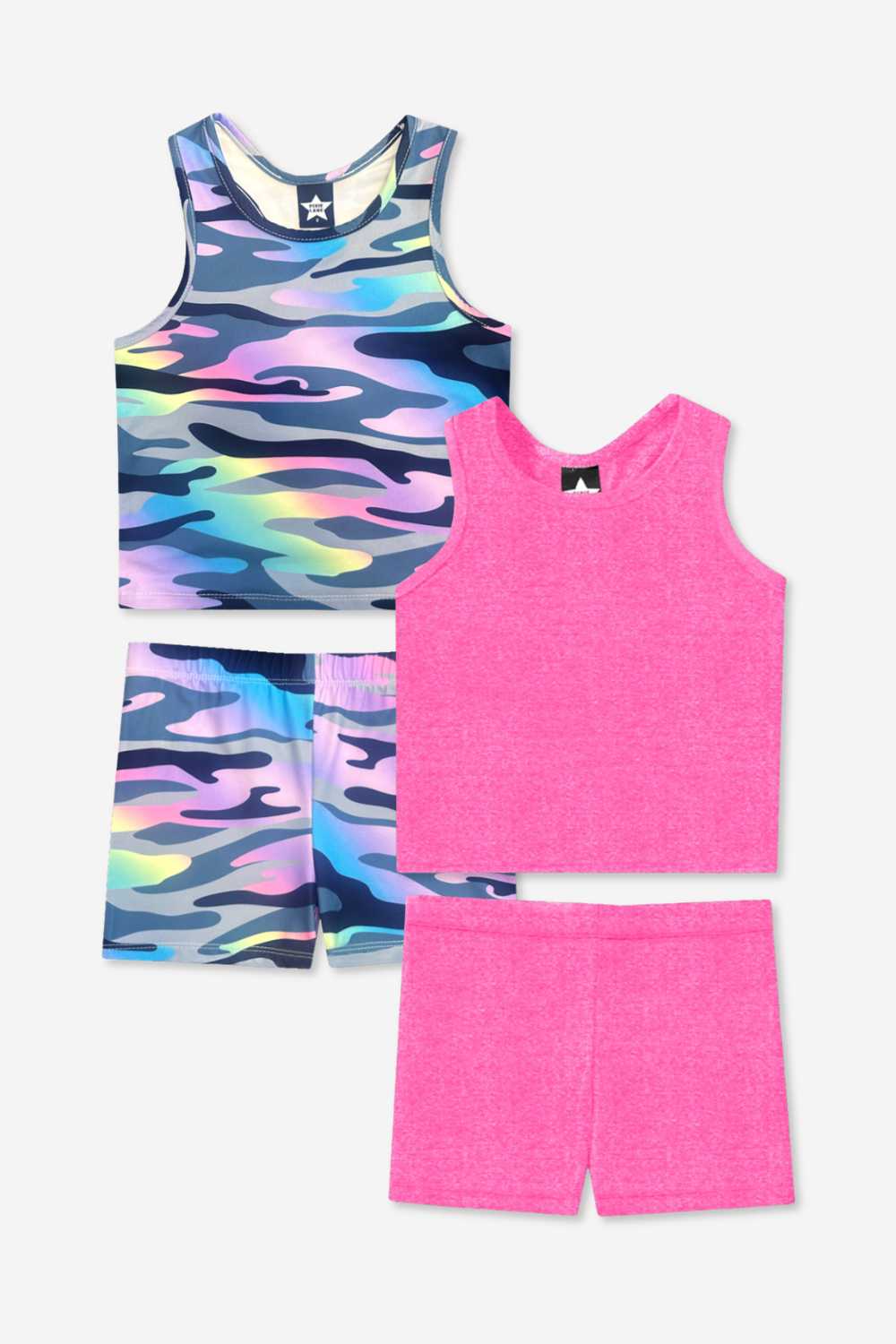2-Pack Simply Soft Luxe Cropped Racerback Tank & Tumble Short - Light Blue Smile Star | Steel Black Peace Heart