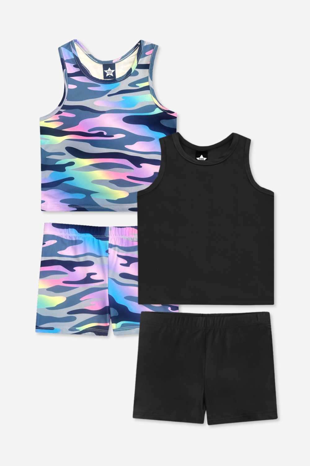 2-Pack Simply Soft Luxe Cropped Racerback Tank & Tumble Short - Light Blue Smile Star | Steel Black Peace Heart