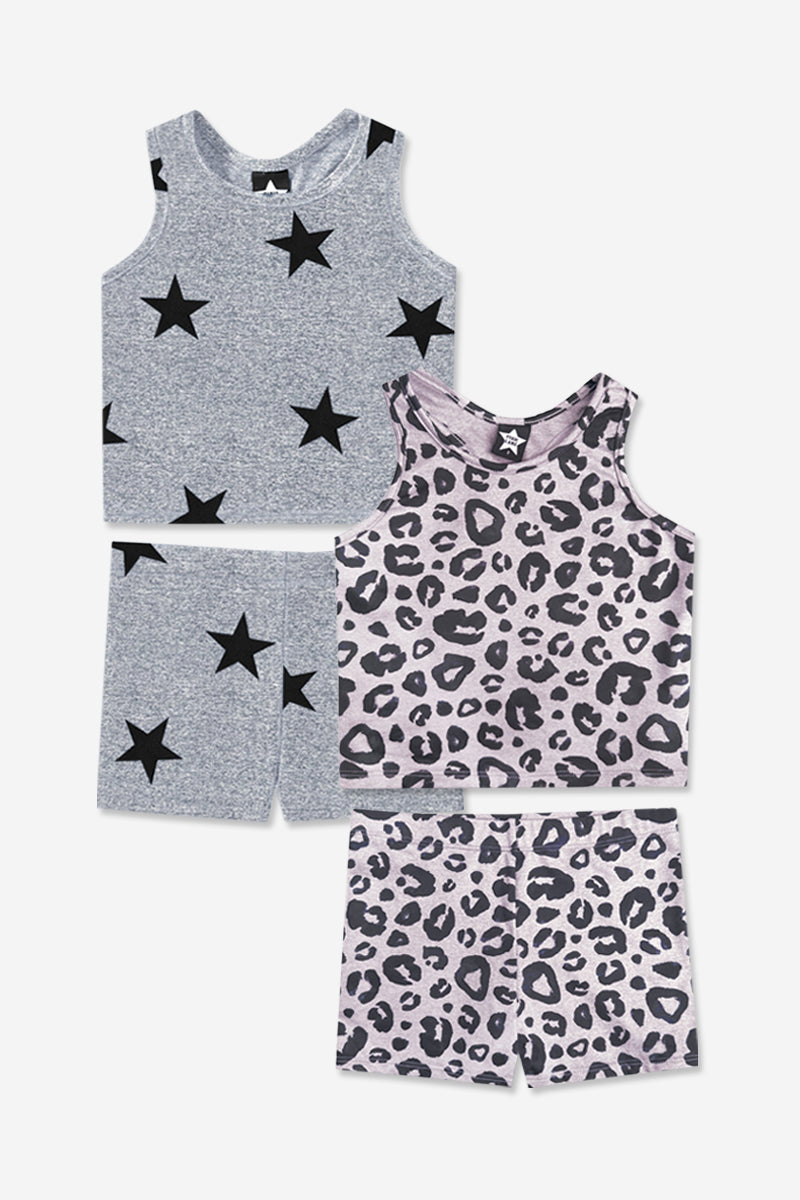 2-Pack Simply Soft Luxe Cropped Racerback Tank & Tumble Short - Light Blue Smile Star | Steel Black Peace Heart
