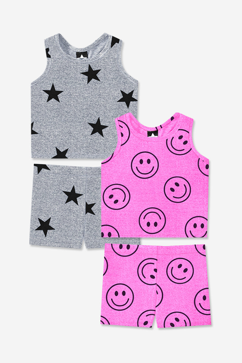 2-Pack Simply Soft Luxe Cropped Racerback Tank & Tumble Short - Light Blue Smile Star | Steel Black Peace Heart