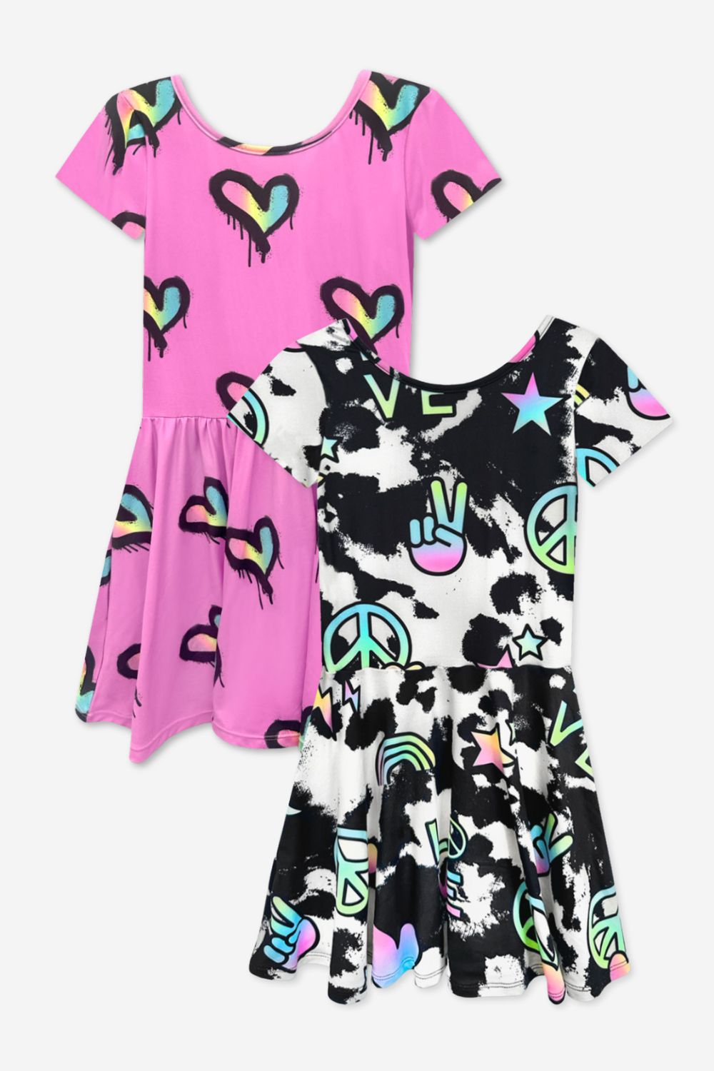2-Pack Simply Soft Short Sleeve Dress - Rainbow Pastel Tie Dye | Lt Pink Rainbow Leopard Heart
