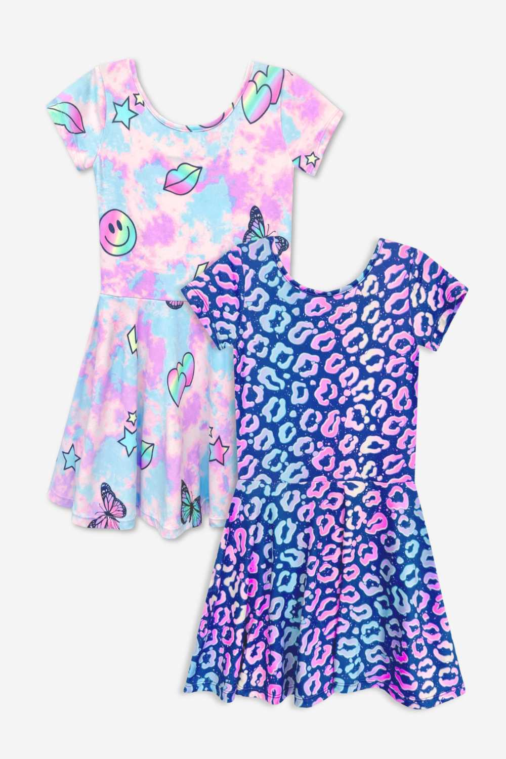 2-Pack Simply Soft Short Sleeve Dress - Rainbow Pastel Tie Dye | Lt Pink Rainbow Leopard Heart