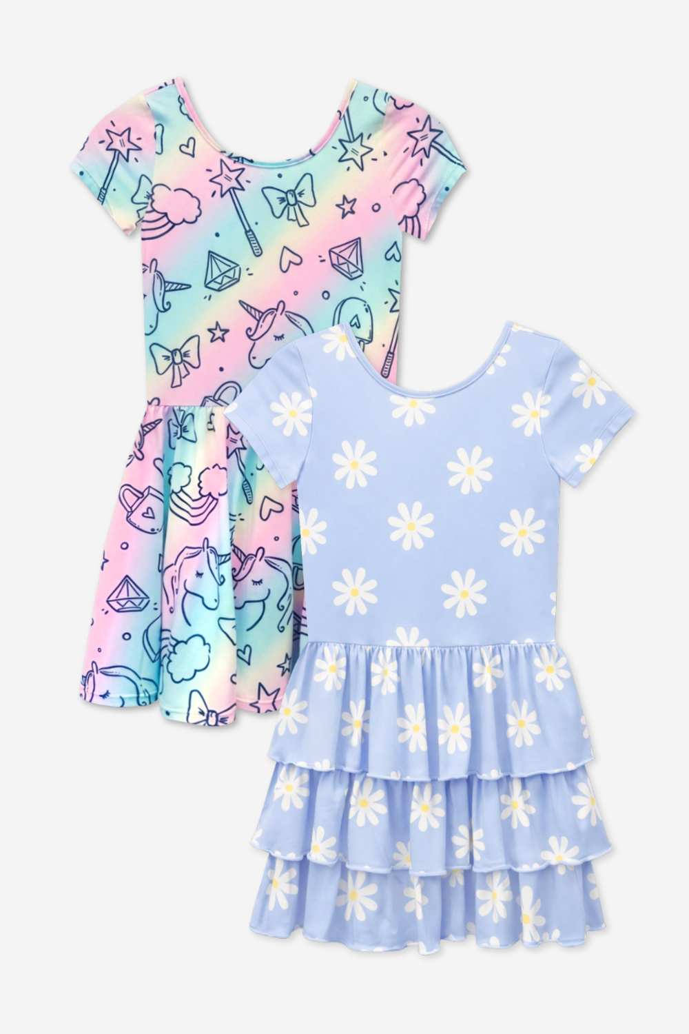 2-Pack Simply Soft Short Sleeve Dress - Rainbow Pastel Tie Dye | Lt Pink Rainbow Leopard Heart