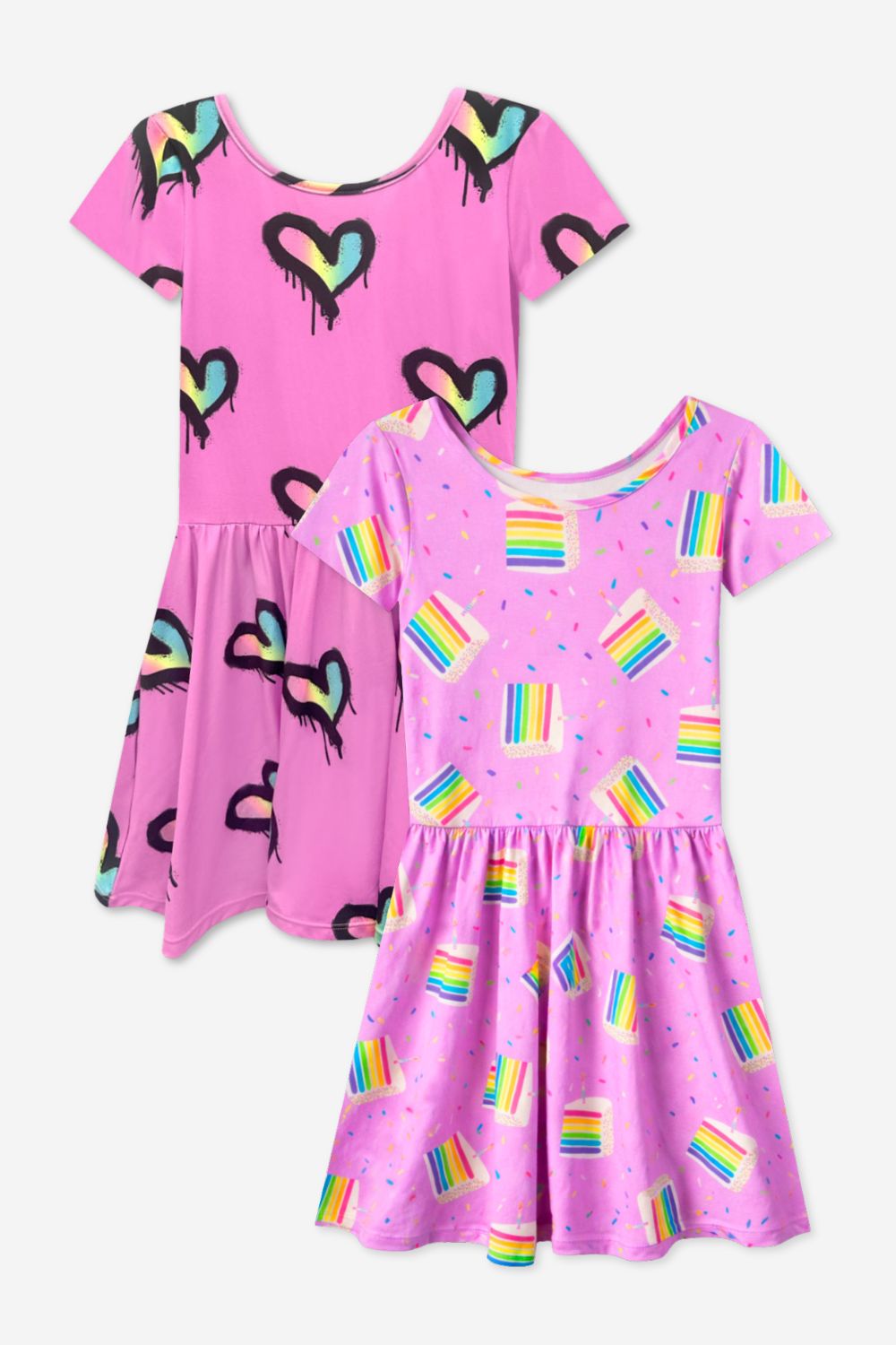 2-Pack Simply Soft Short Sleeve Dress - Rainbow Pastel Tie Dye | Lt Pink Rainbow Leopard Heart