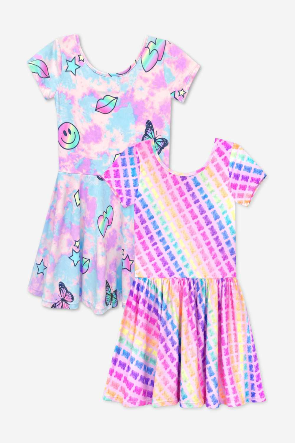 2-Pack Simply Soft Short Sleeve Dress - Rainbow Pastel Tie Dye | Lt Pink Rainbow Leopard Heart