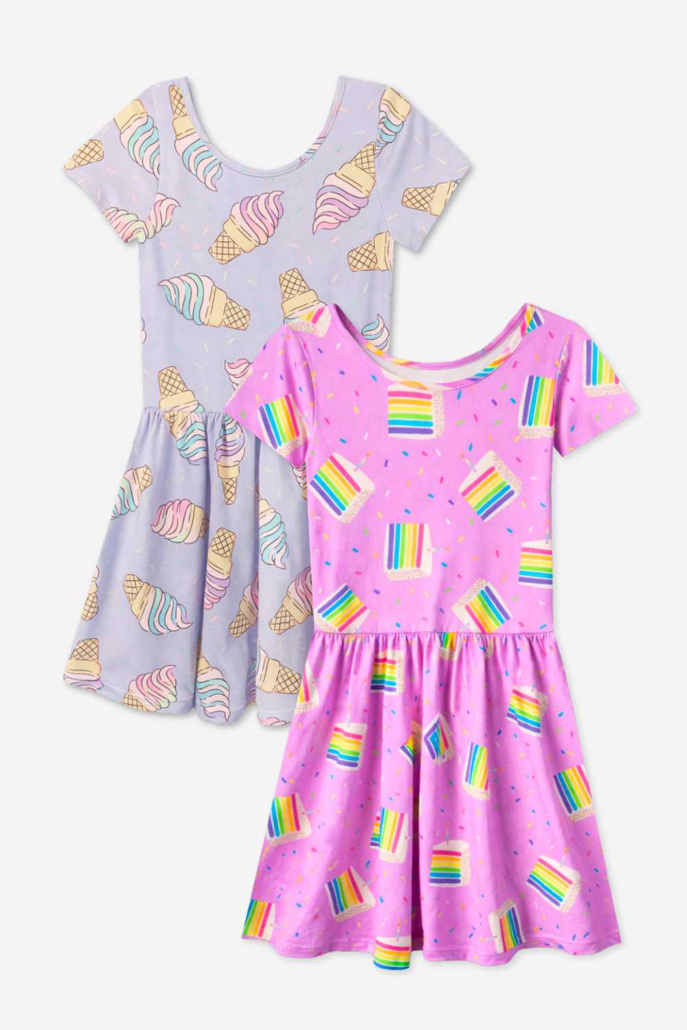 2-Pack Simply Soft Short Sleeve Dress - Rainbow Pastel Tie Dye | Lt Pink Rainbow Leopard Heart