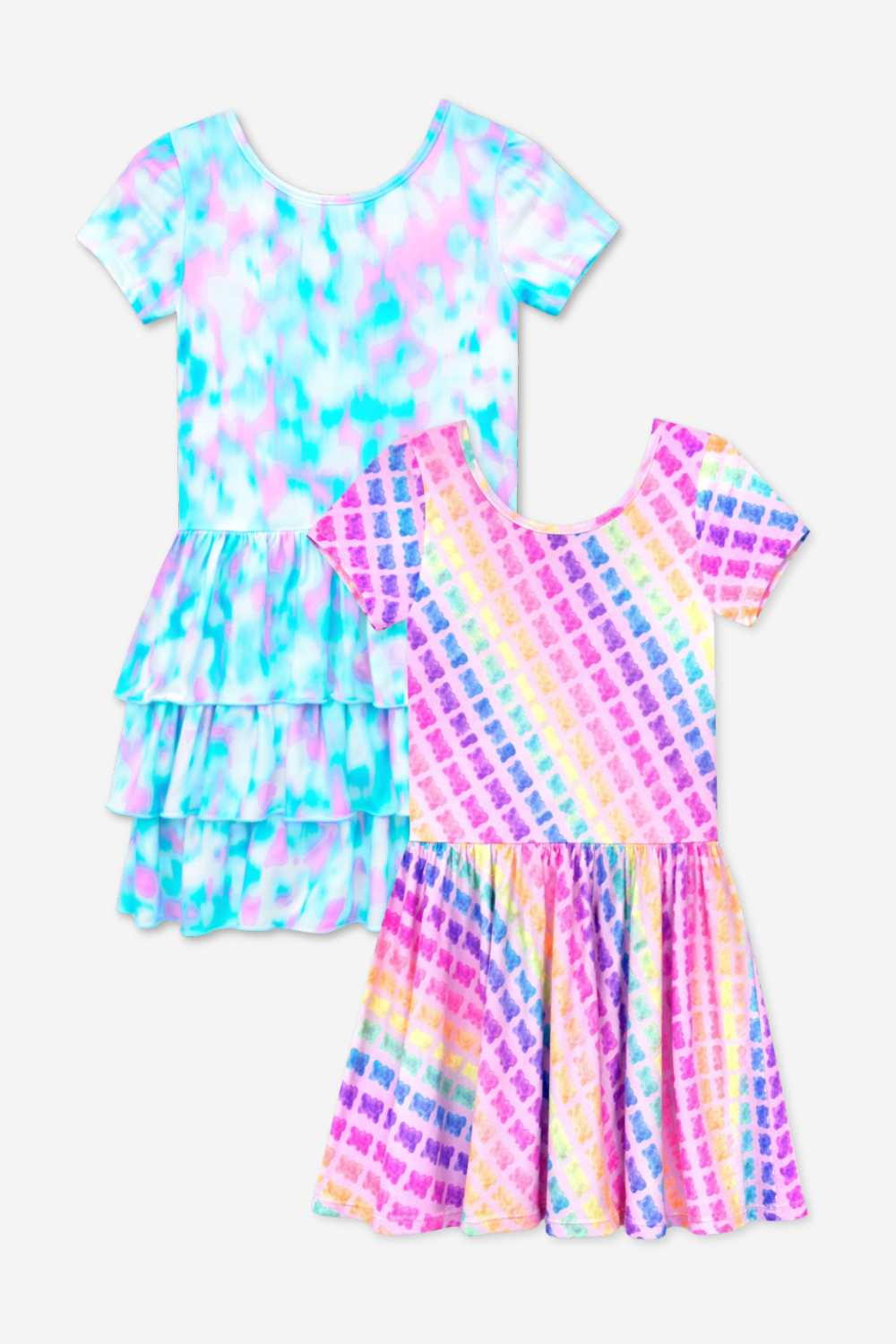 2-Pack Simply Soft Short Sleeve Dress - Rainbow Pastel Tie Dye | Lt Pink Rainbow Leopard Heart