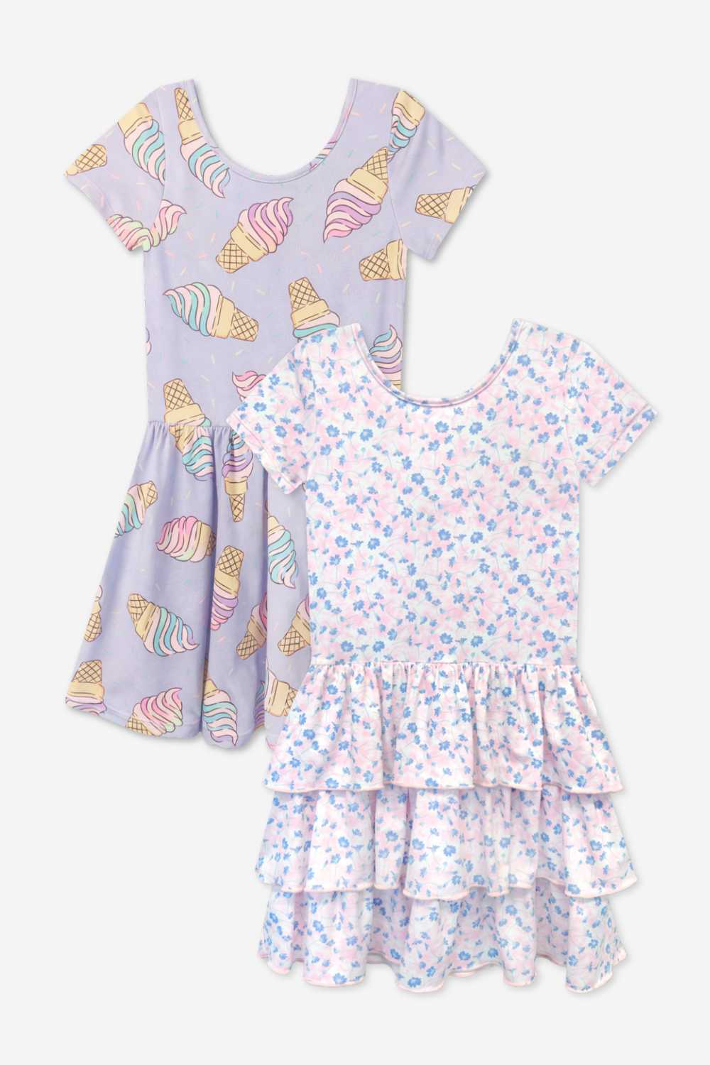2-Pack Simply Soft Short Sleeve Dress - Rainbow Pastel Tie Dye | Lt Pink Rainbow Leopard Heart