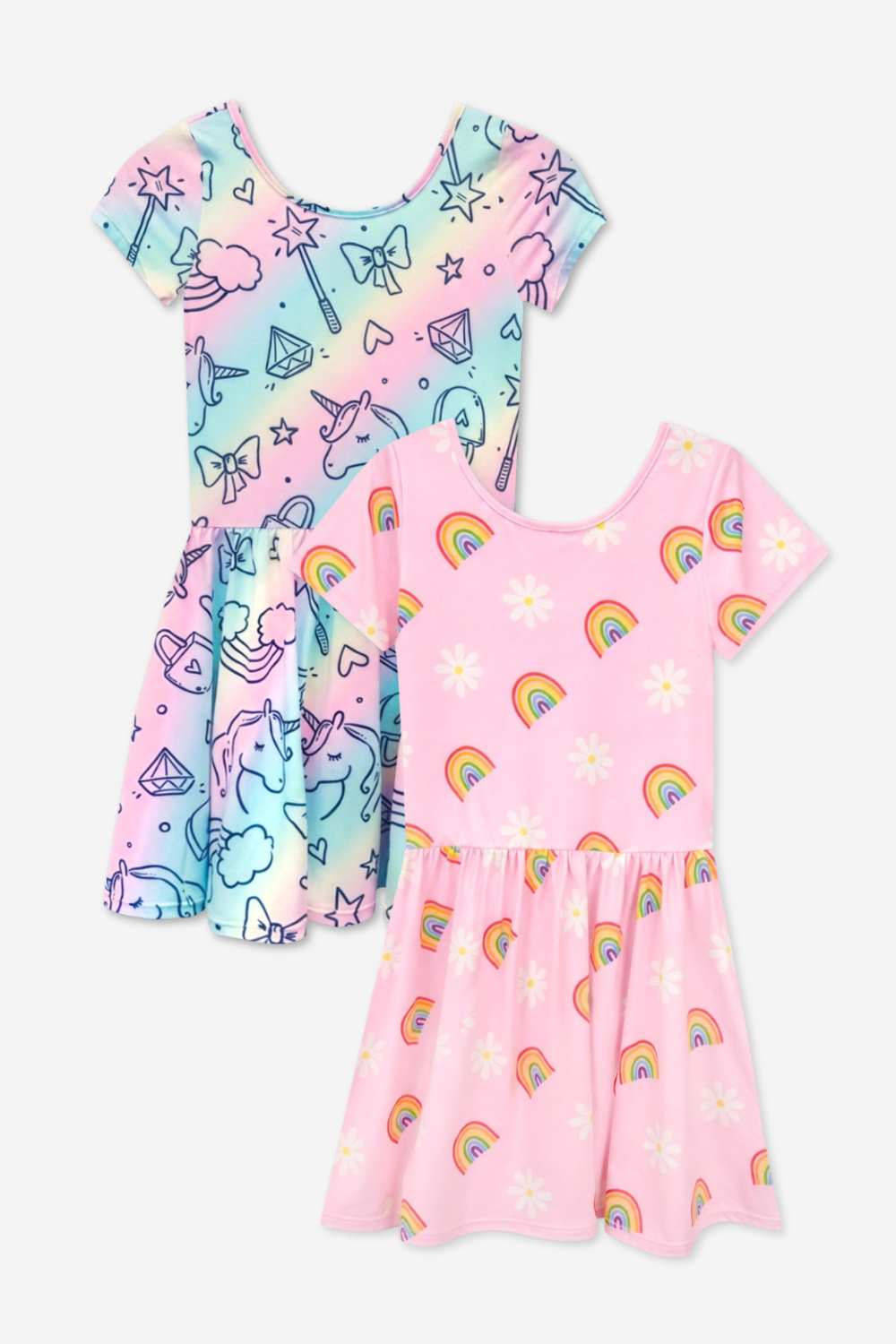 2-Pack Simply Soft Short Sleeve Dress - Rainbow Pastel Tie Dye | Lt Pink Rainbow Leopard Heart