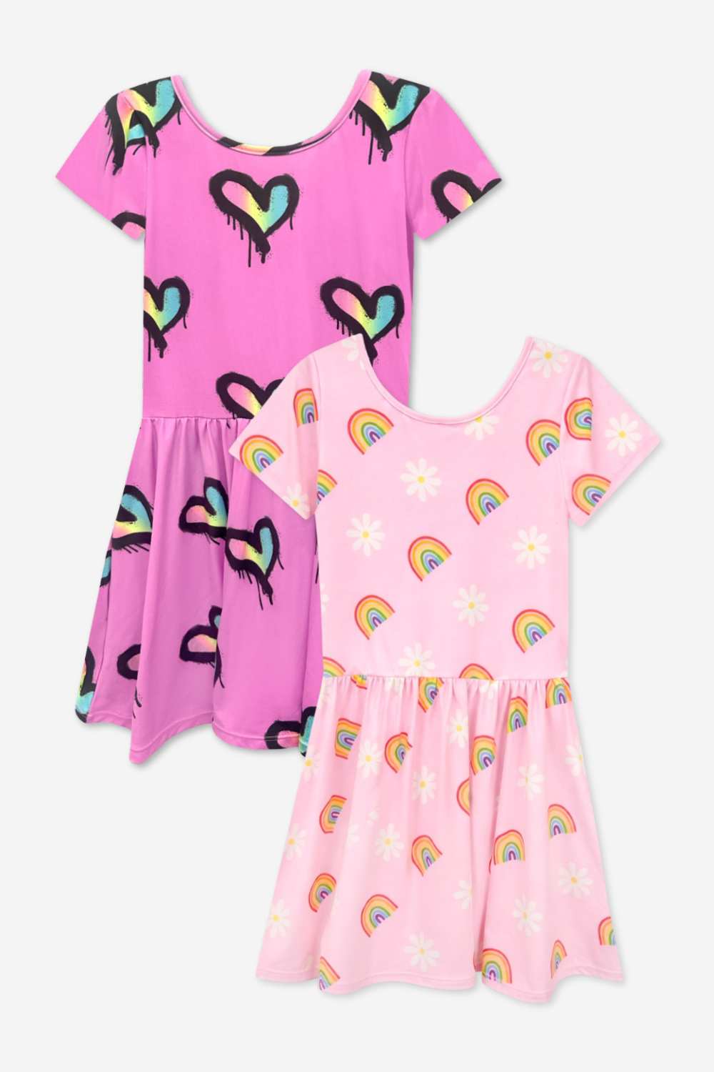 2-Pack Simply Soft Short Sleeve Dress - Rainbow Pastel Tie Dye | Lt Pink Rainbow Leopard Heart