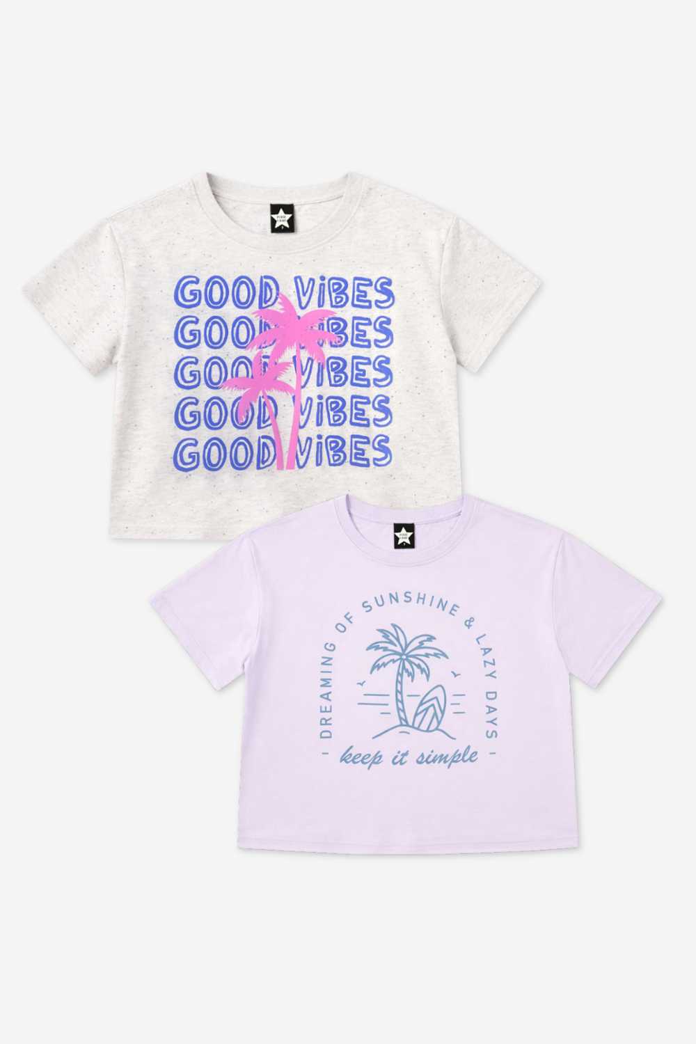 2-Pack Washed Cotton Drop Shoulder Tee - Cream Denim Leopard Heart | Light Blue Vintage Daisy