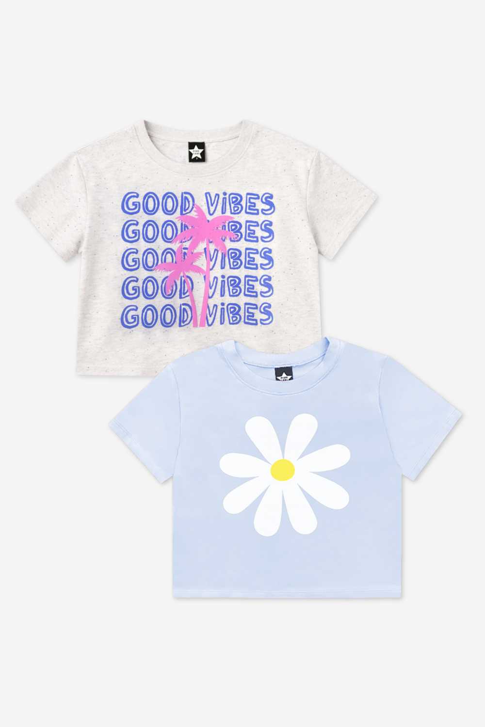 2-Pack Washed Cotton Drop Shoulder Tee - Cream Denim Leopard Heart | Light Blue Vintage Daisy
