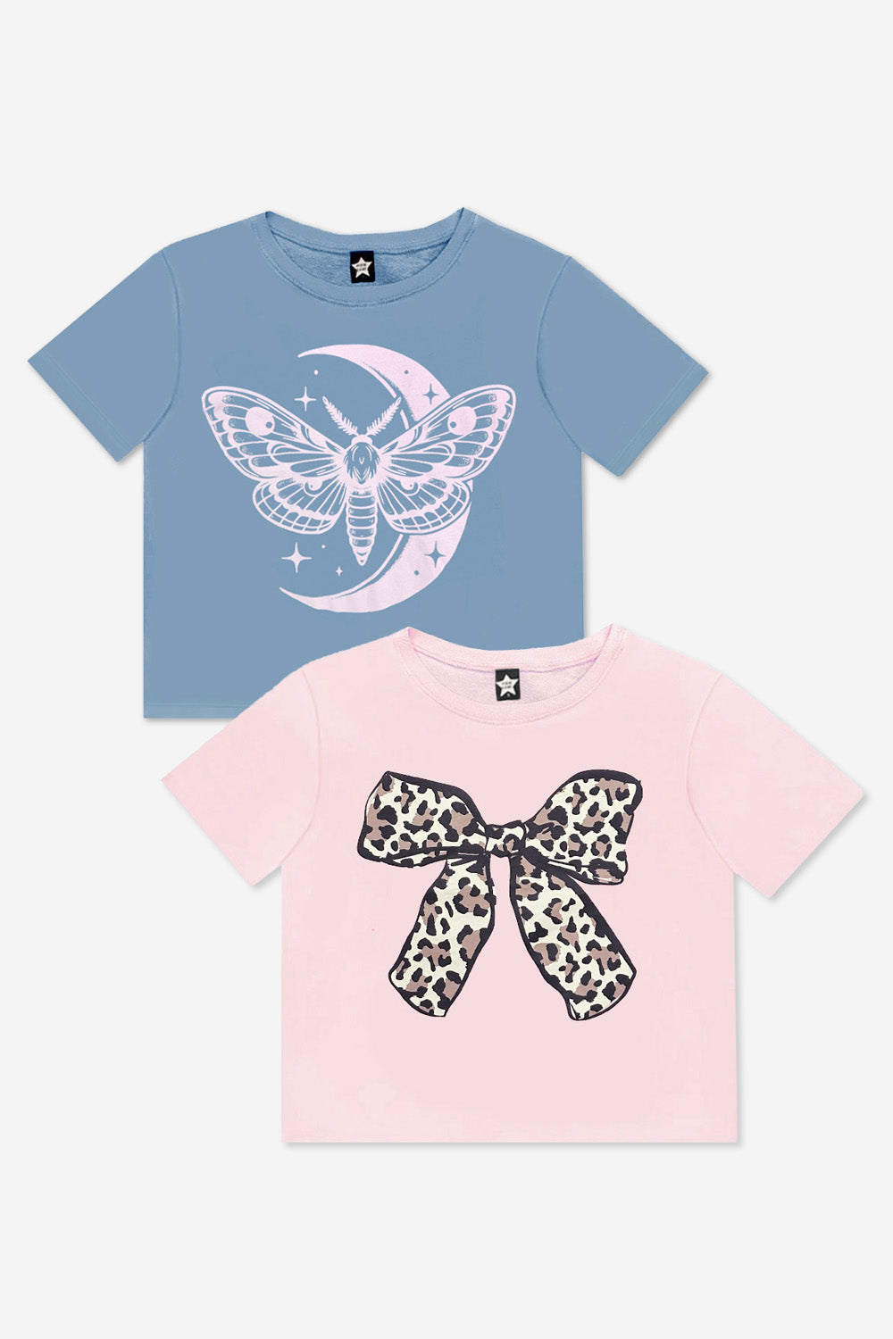 2-Pack Washed Cotton Drop Shoulder Tee - Cream Denim Leopard Heart | Light Blue Vintage Daisy