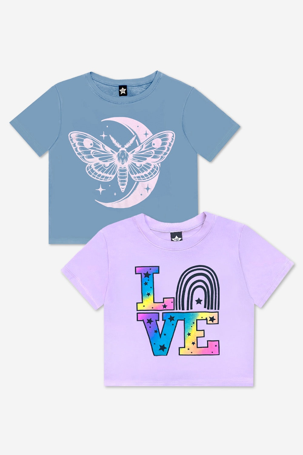 2-Pack Washed Cotton Drop Shoulder Tee - Cream Denim Leopard Heart | Light Blue Vintage Daisy