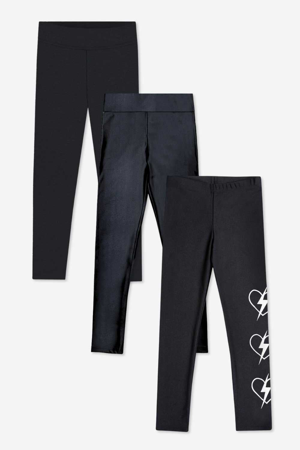 3-Pack Essential Black Leggings Combo - Black | Black | Black Heart Bolt - NEW!