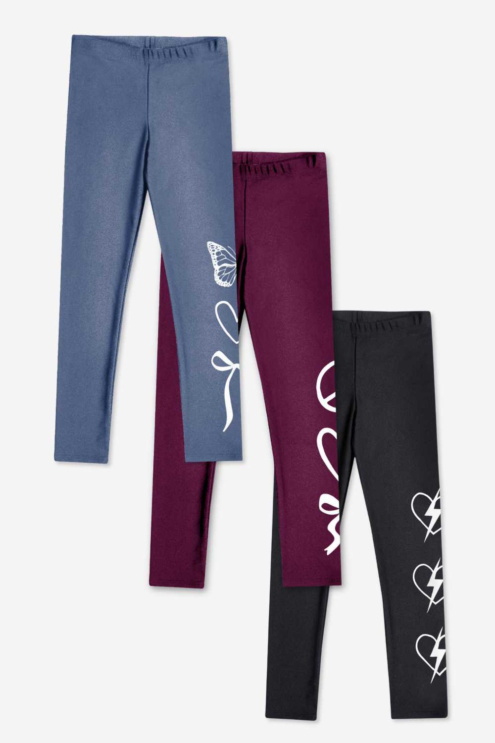 3-Pack High Shine Legging - Graphite Bow | Black Heart Bolt | Burgundy Bow - NEW!